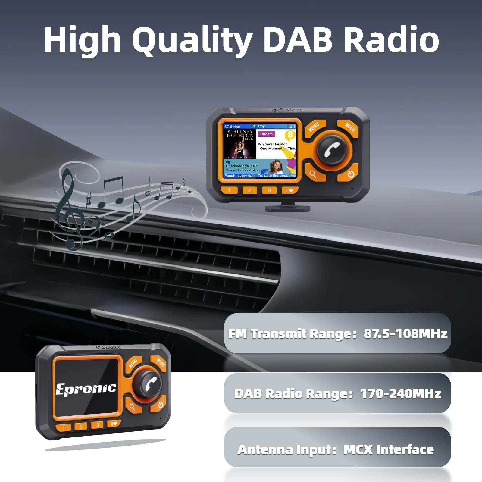 DAB Radio Adapter Plug & Play DAB Adapter für Autoradio mit Bluetooth Freisprecheinrichtung 2,4-Zoll LCD Display Tragbares DAB+ Digitalradio mit Aux-Out, TF Play FM Transmitter