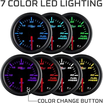 GlowShift Tinted 7 Color 30 PSI Fuel Pressure Gauge Kit, 2-1/16 52mm