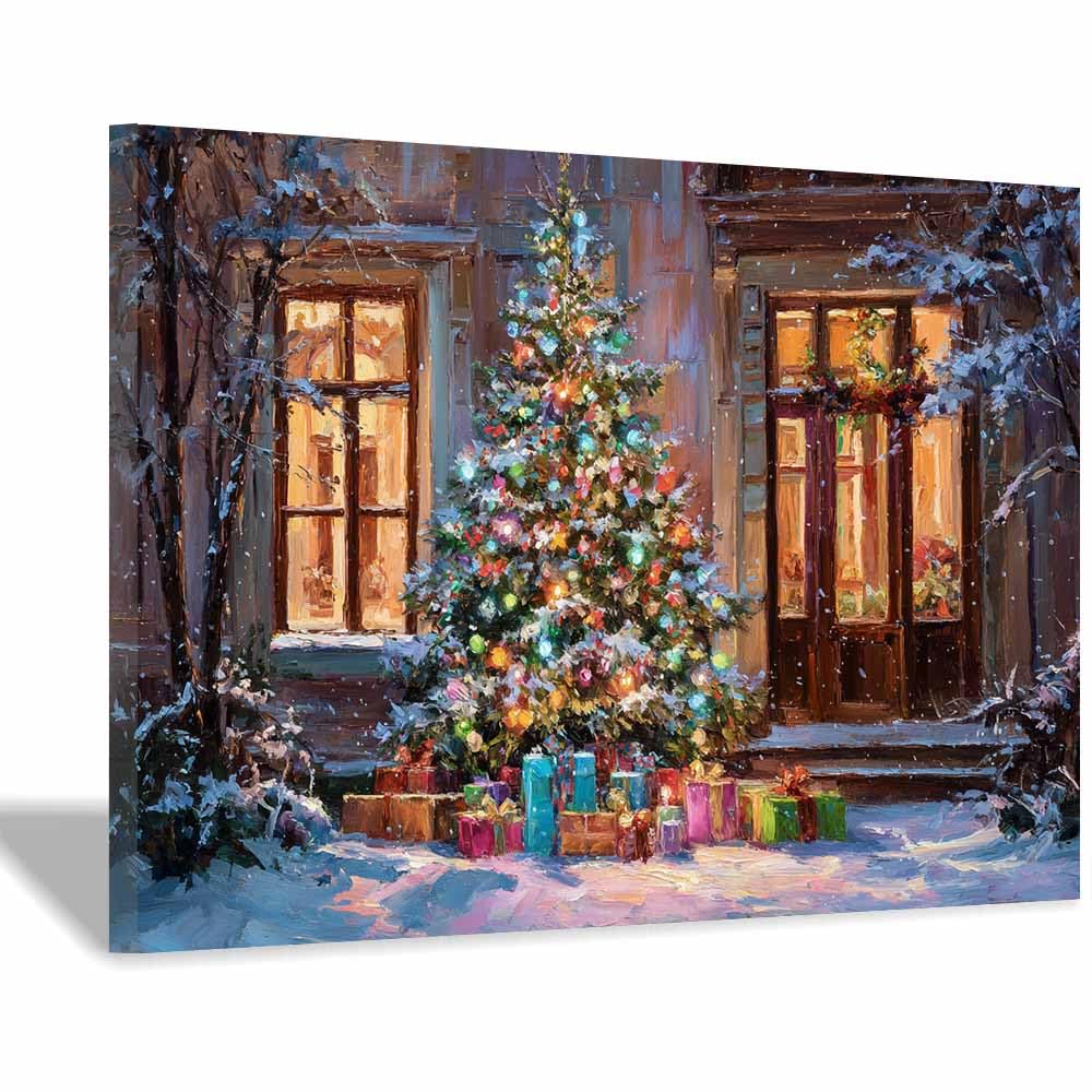 ZAMAEIU Vintage choinka sztuka ścienna choinka grafika nadruk retro Boże Narodzenie pokój dekoracja ścienna do domu sypialni salonu (brązowy23) - 60 x 90 cm oprawiony