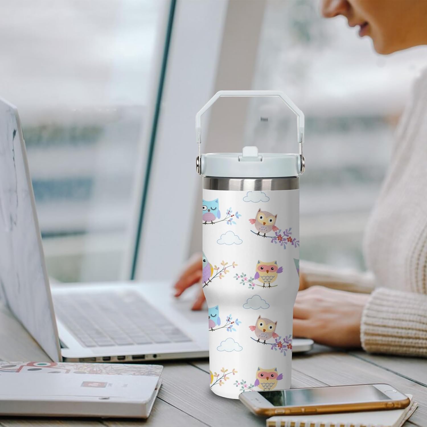 Owl Tumbler with Handle and Flip Straw for Women Men, 30oz Cute Stainless Steel Insulated Cup, Water Bottle Travel Coffee Mug, Gifts for Animal Lovers - Image 5
