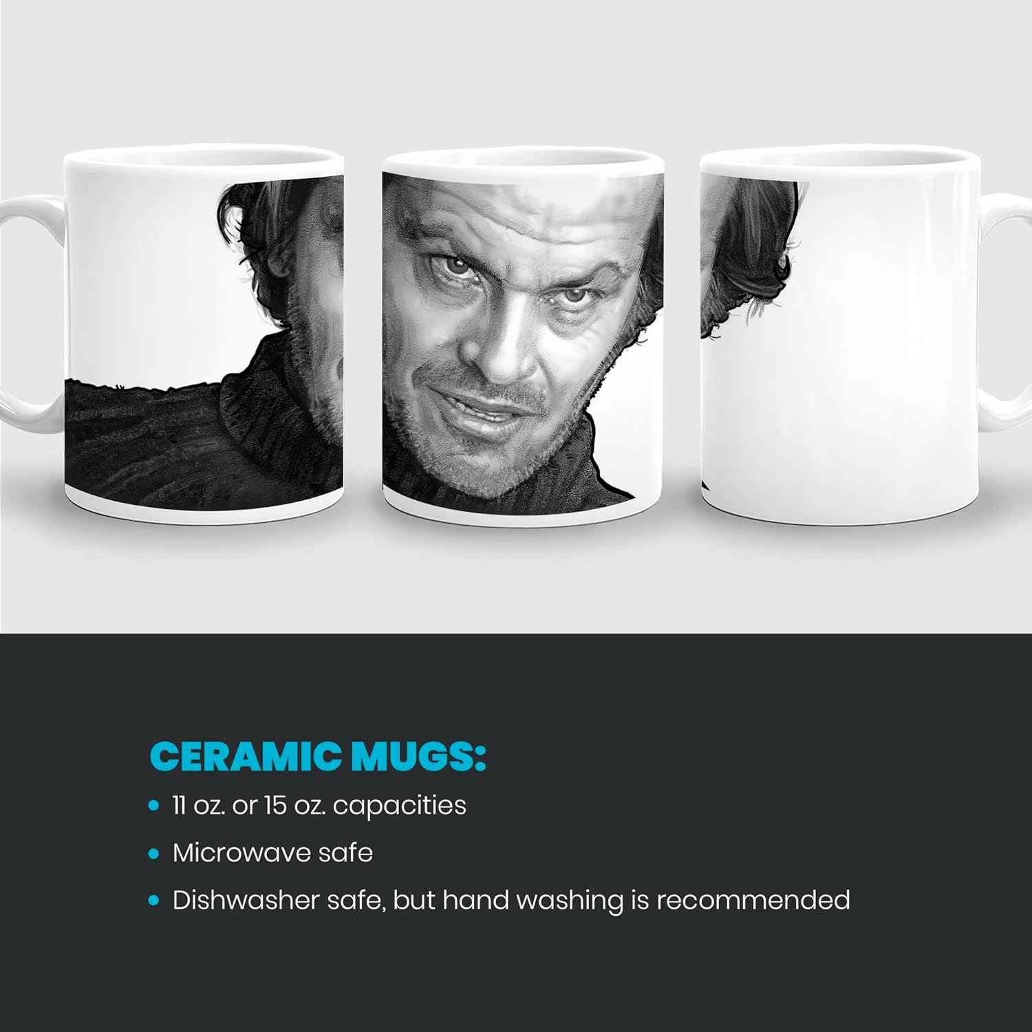 The Shining Jack Nicholson Horror Coffee Mug, Stanley Kubrick Fan Art, Scary Movie Lover Gift, Film Buff Art, Father's Day, Pencil Drawing on Cup (15 oz. Mug)