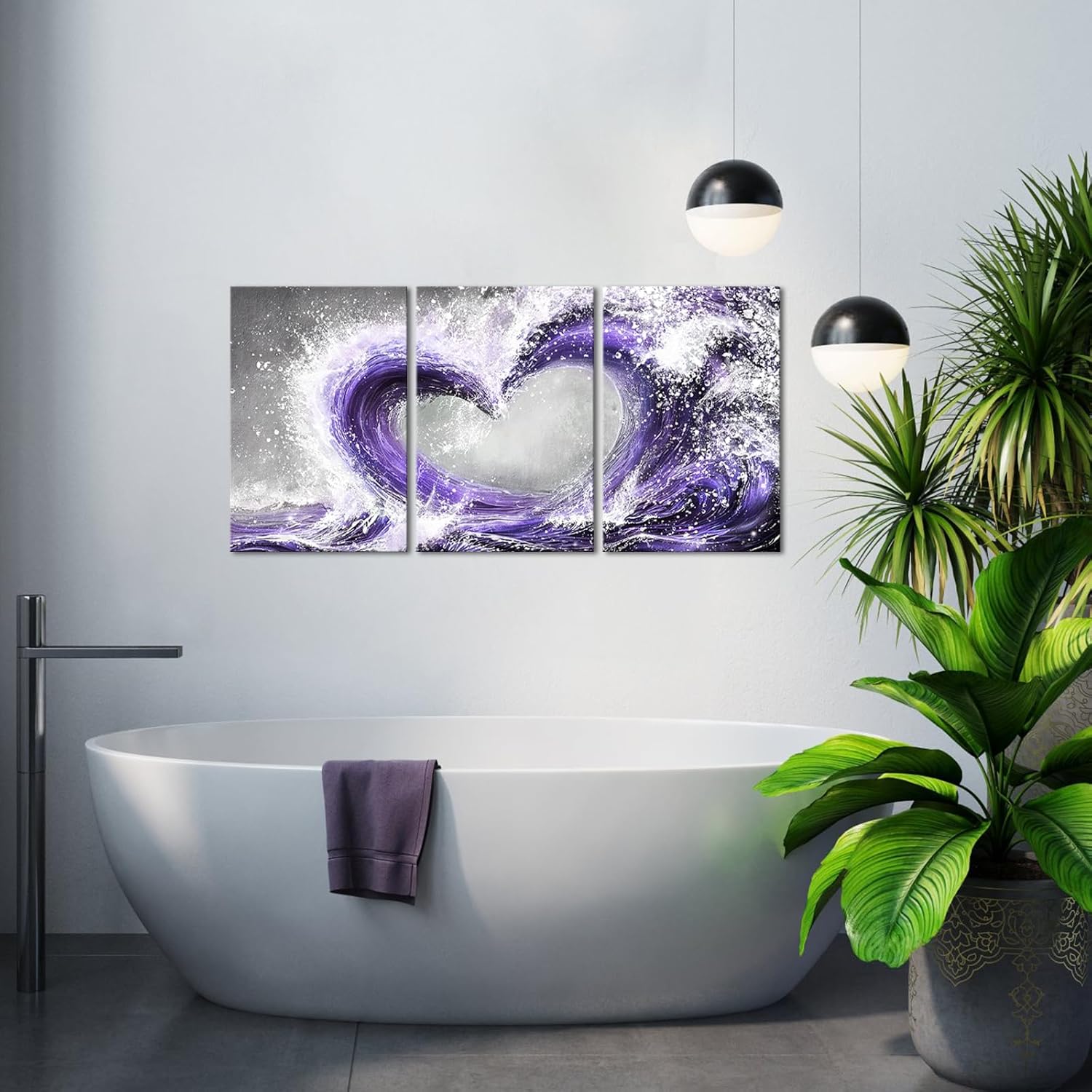 HOMEOART Romantic Bedroom Decor Ocean Wave Painting Love Sign Framed Artwork Bathroom Bedroom Living Room Wall Decor 16"x24"x3Pieces (Purple)