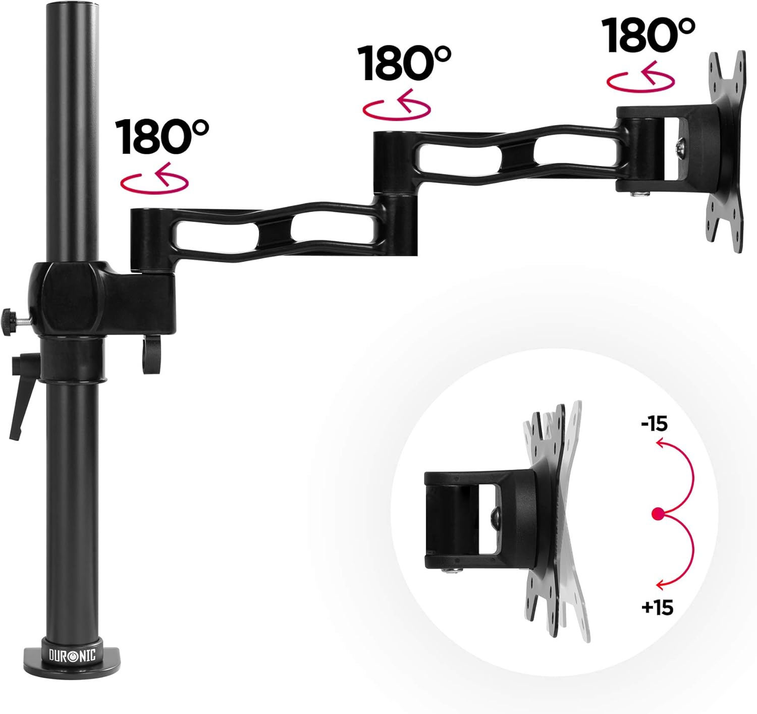Duronic Single Monitor Arm Stand DM351X3 BK | PC Desk Mount | BLACK | Aluminium | Height Adjustable | For One 13-27 LED LCD Screen | VESA 75/100 | 8kg Capacity | Tilt +15°/-15°,Swivel 180°,Rotate 360°