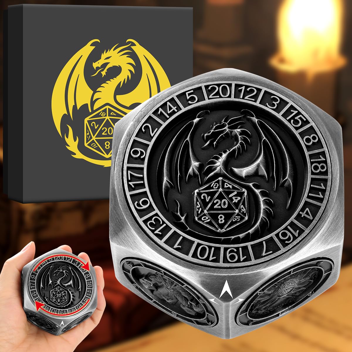 DND D&D - Juego de dados de juguete (8 en 1) | D&D Spinner D&D - Juego de mesa con diseño de dados giratorios en 3D, incluye caja de regalo, color plateado oscuro