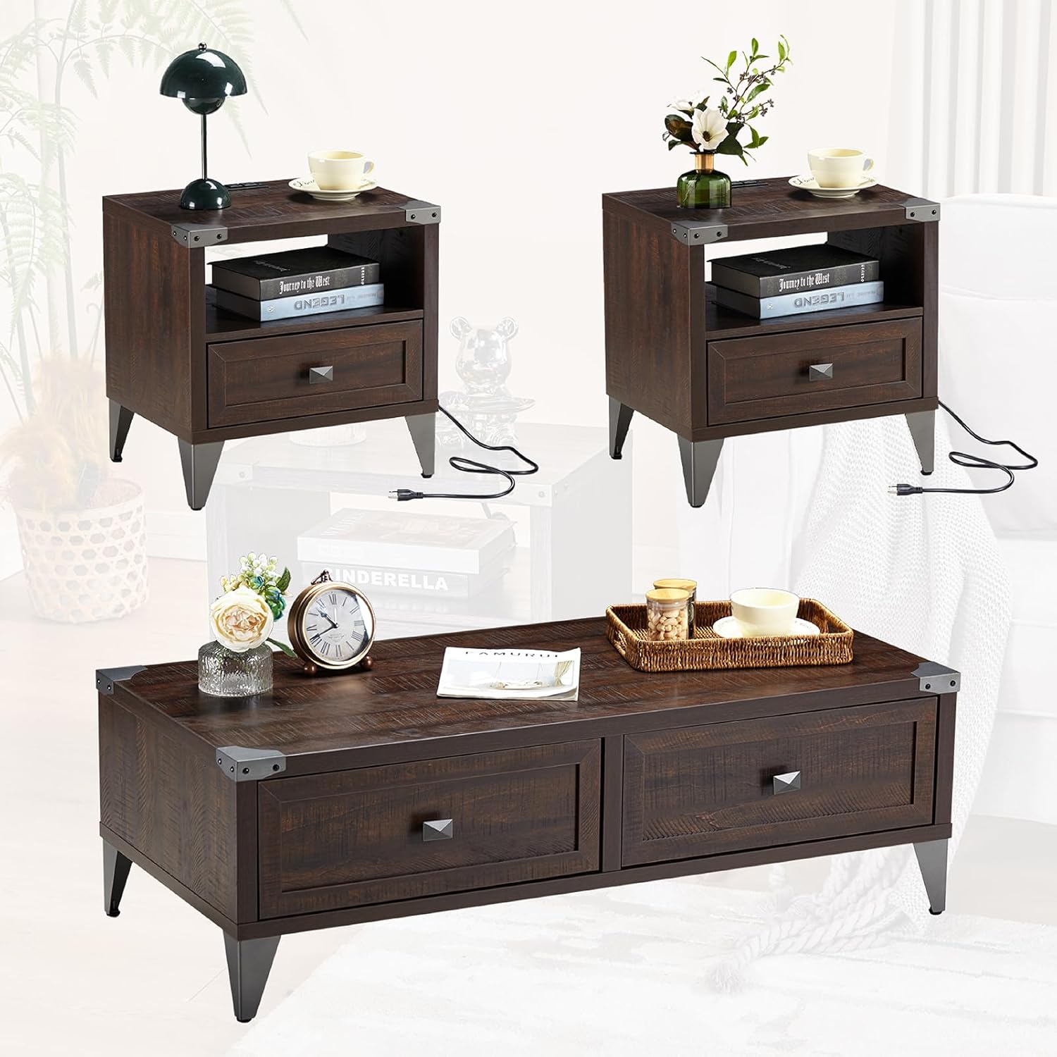 AMERLIFE 3 Pieces Living Room Table Set Includes Coffee