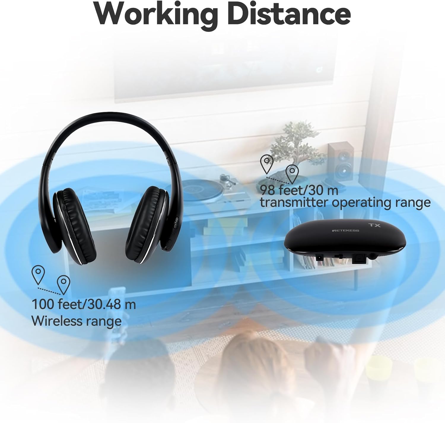 Diagram illustrating the working distance of the Retekess TA005P wireless headphones and transmitter.