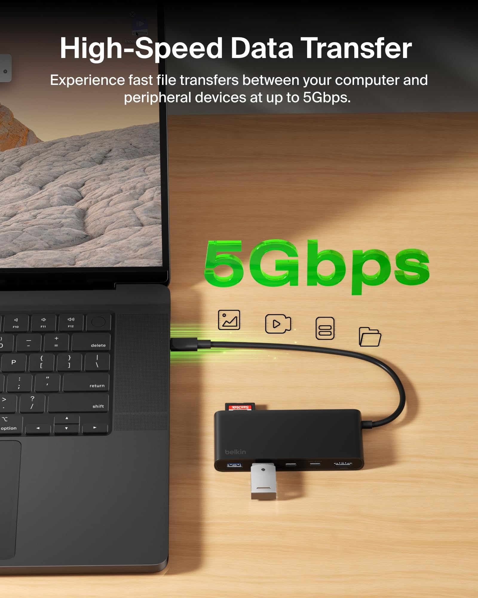 Belkin Hub USB C, concentrador de 7 Puertos con Pantalla HDMI 4K @ 60Hz, SD y MicroSD, Entrega de energía de 100 W, Transferencia de Datos rápida de 5 Gbps, Adaptador multipuerto USB C para MacBook