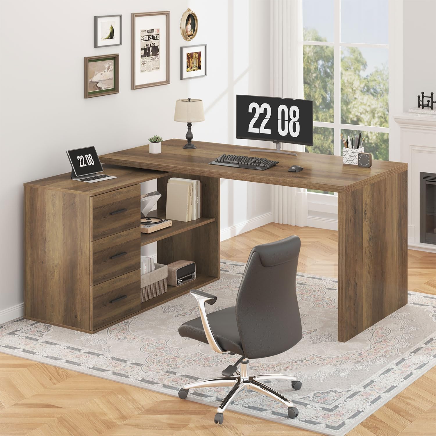 HSH 360 Rotating L Shaped Desk with Drawers, L Shape Computer Desk with Storage Cabinet Shelves, Rustic Home Office Desk for Executive Writing Study Work, Wood Table Swivel Desk, Rustic Oak, 55 Inch