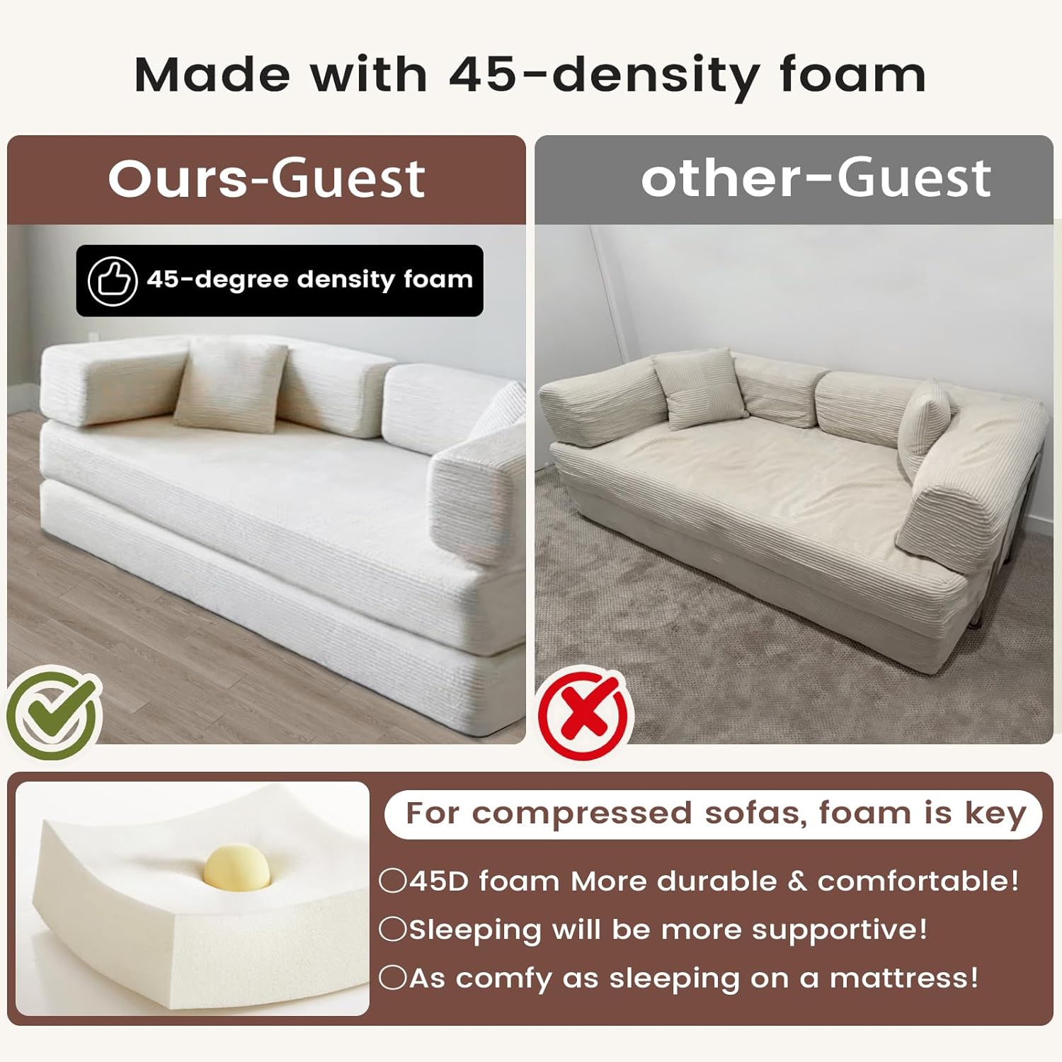 Convertible Sleeper Sofa Bed Corduroy Upholstered Modular Floor Couch Queen/King Size Foldable Futon with futon Memory Foam for Apartment Living Room Bedroom (Pink, 80.15") | Convertible sofa bed