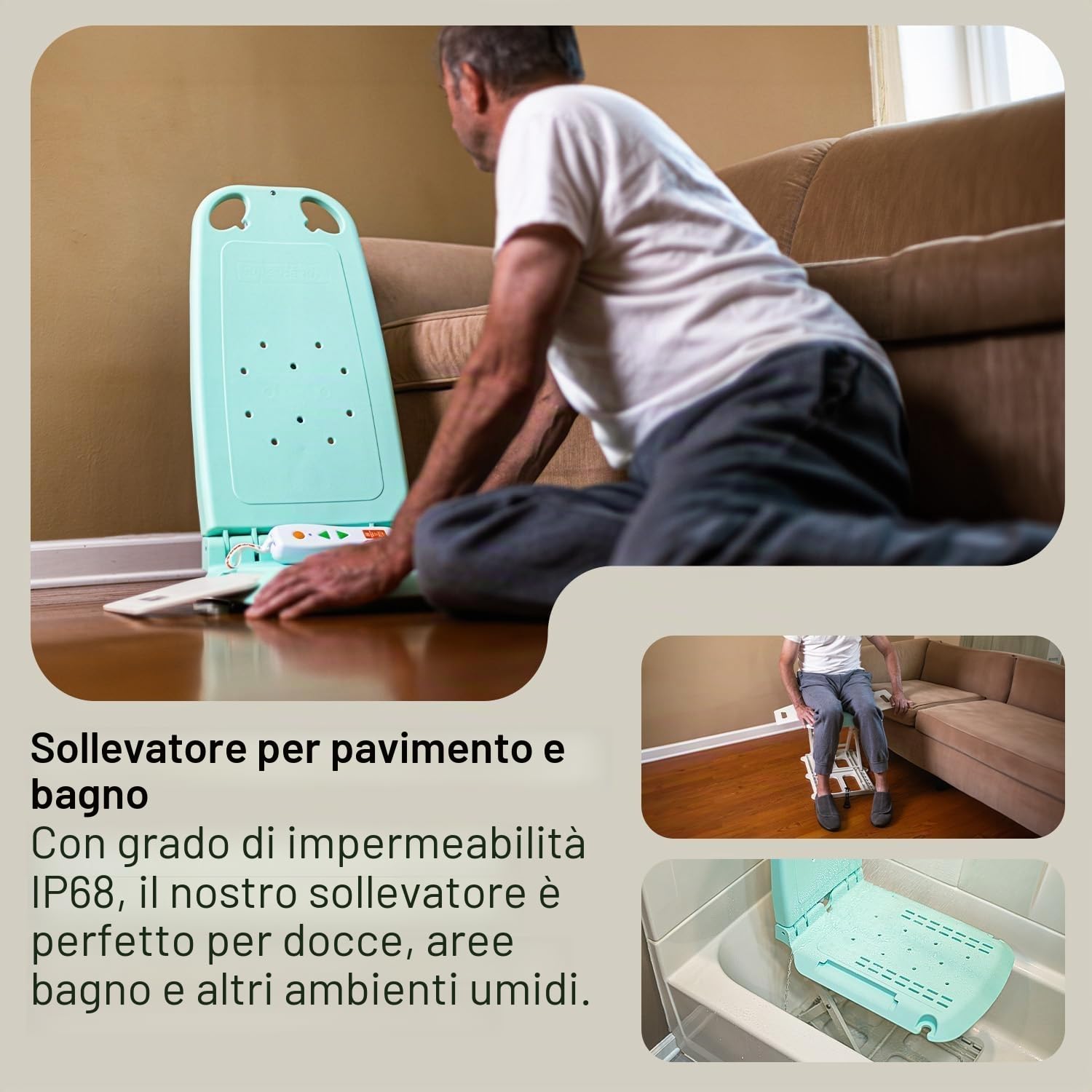 SuperHandy GoRise LT Sollevatore Portatile per Pavimento e Bagno - Leggero, Pieghevole, Capacità 150 Kg, Impermeabile, Sedile Ergonomico con Pannelli Rimovibili, 8,6 Kg [Brevetto in Corso]