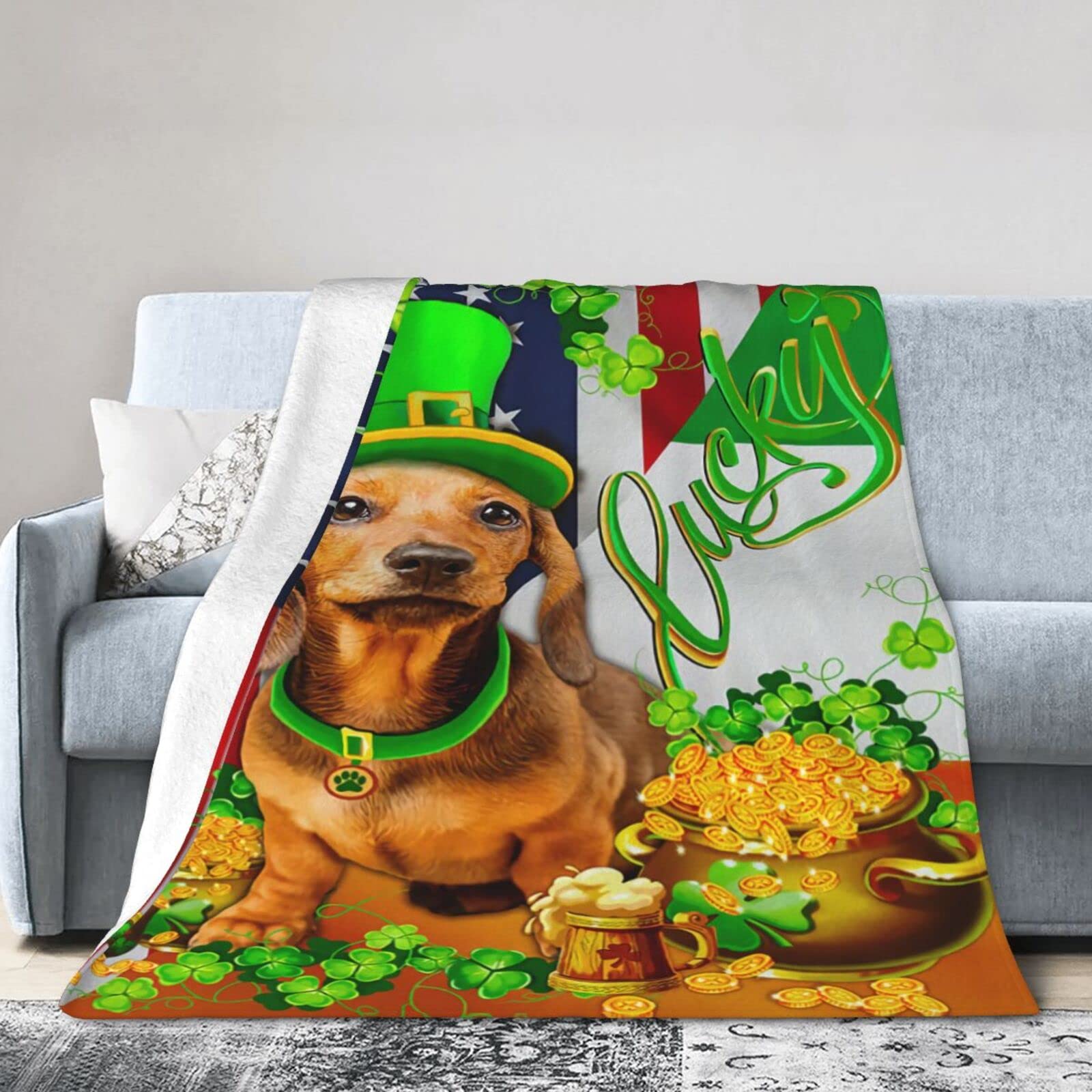 Lsjuee Flannel Fleece Blanket 50"X40" Yellow Dachshund Happy St. Patrick‘s Day Sofa Throw Blanket Funny Ultra-Soft Travel Spring Blankets for Womens Keep Warm