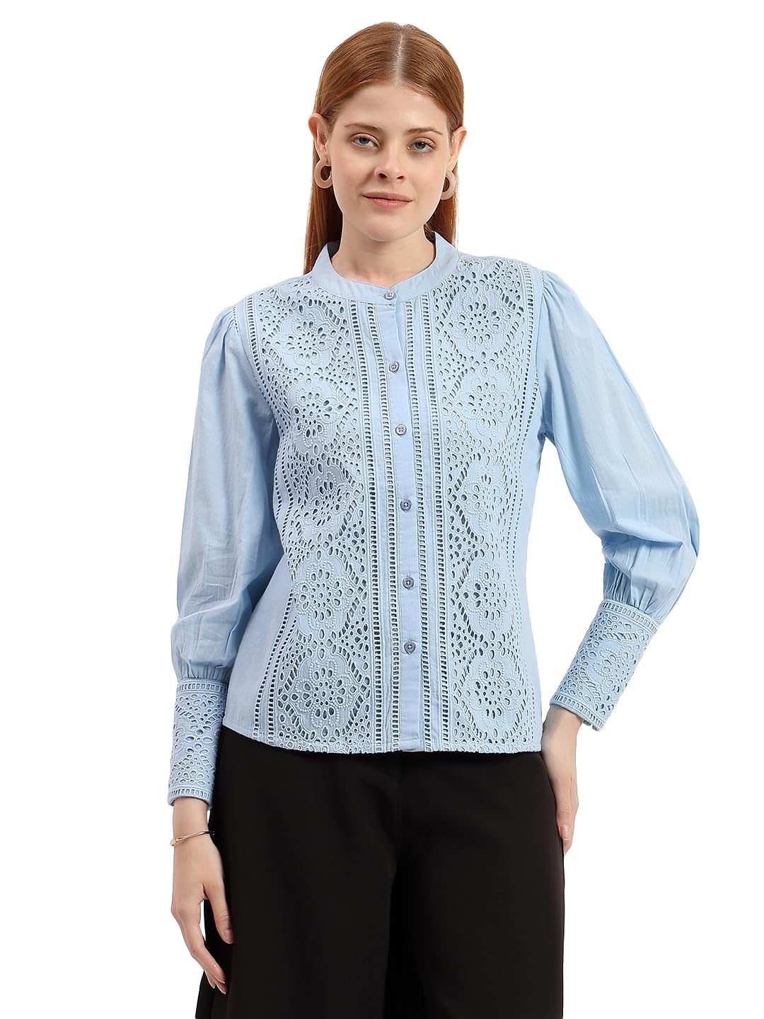 Women’s Blue Embroidered Panel Shirt | Elegant Mandarin Collar Button-Down Top | Full Sleeve Formal & Office Wear Shirt-picture-58