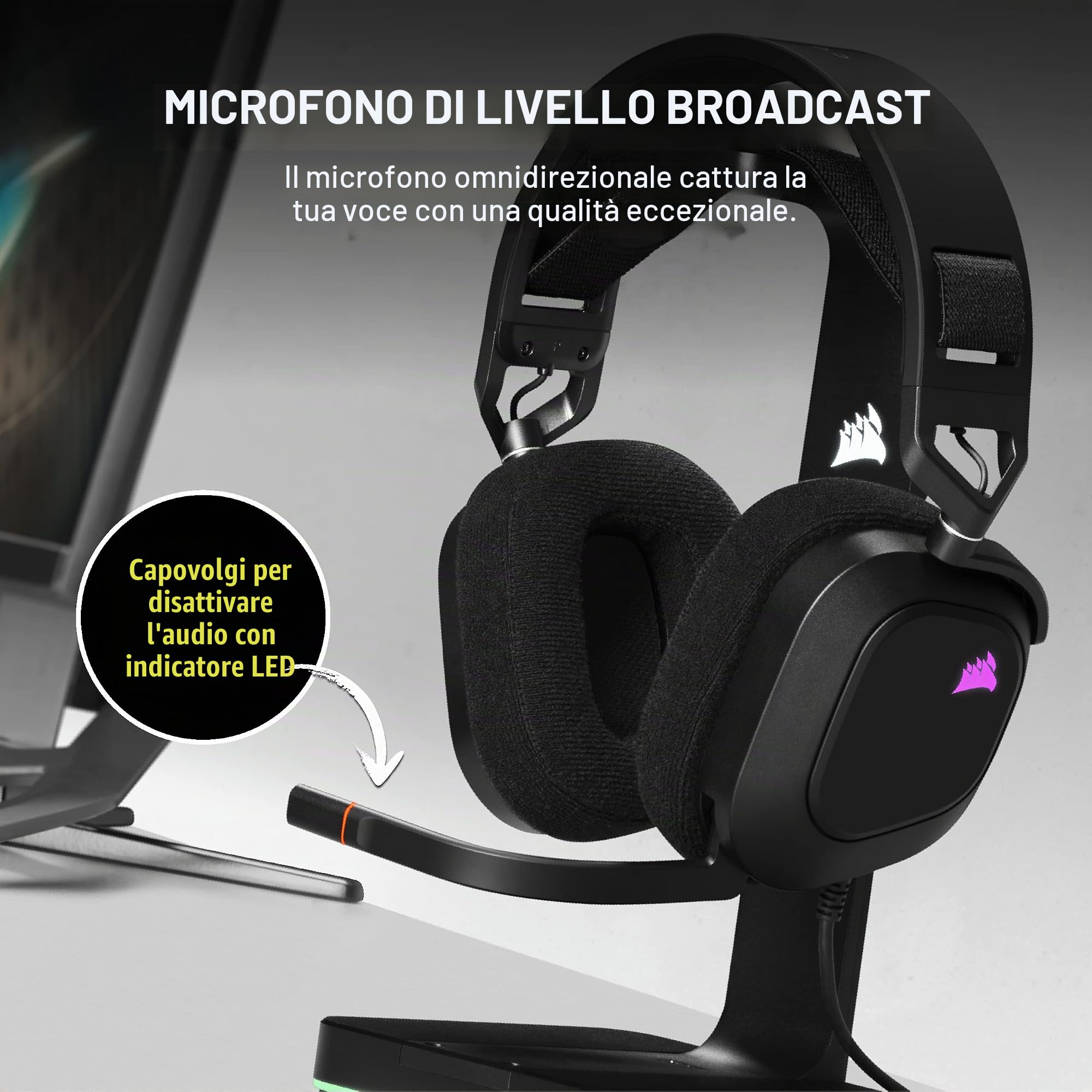 Corsair HS80 RGB USB Premium Gaming Headset con Dolby Audio 7.1 Surround Sound (microfono omnidirezionale di grado broadcast, cuscinetti auricolari in memory foam, suono ad alta fedeltà, costruzione