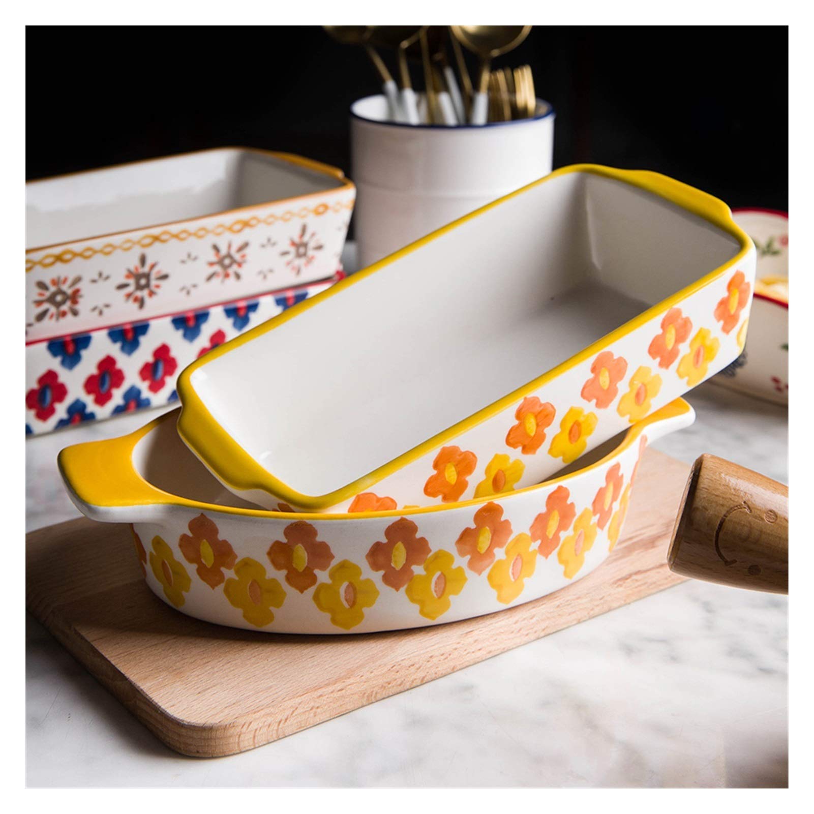 YXSH Fuente de Horno Rectangular de Cerámica - Grande - para Gratinados, Lasaña, Repostería - Profunda-Red Rose Oval