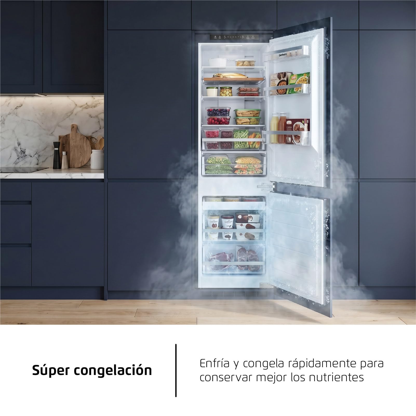 Corberó - Frigorífico Combi | CCH1756NFINT | 253 Litros | 179 cm | No Frost | Display Interior, Fresh Box | Cajón Crisper | Botellero de Madera | Modo Vacaciones | Blanco