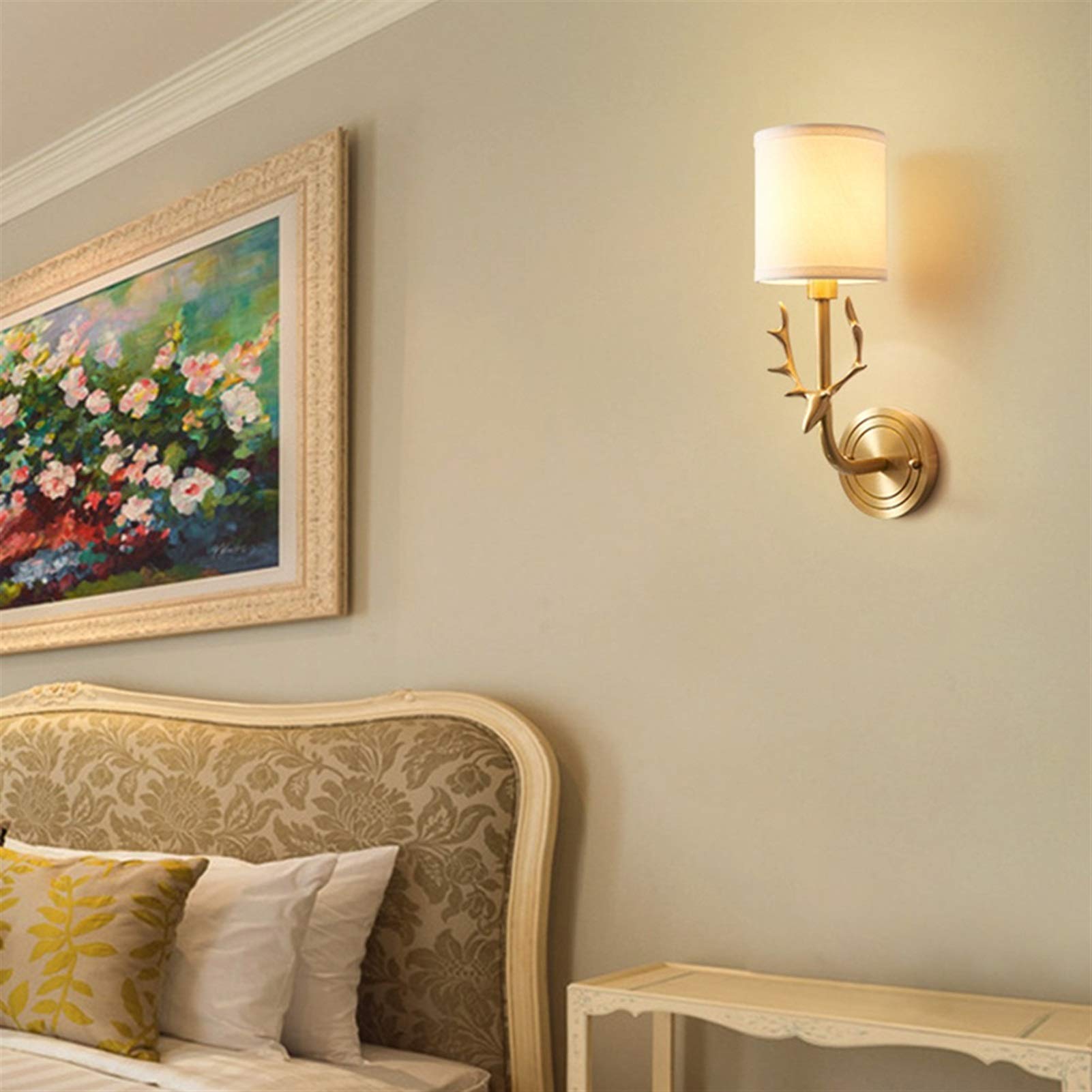 Lámpara de Pared, Creativa lámpara de Pared con Forma de asta de Ciervo, de Cobre, de un Solo Cabezal, para baño, vestidor, iluminación Interior, Pantalla de Tela, Adecuada para sa