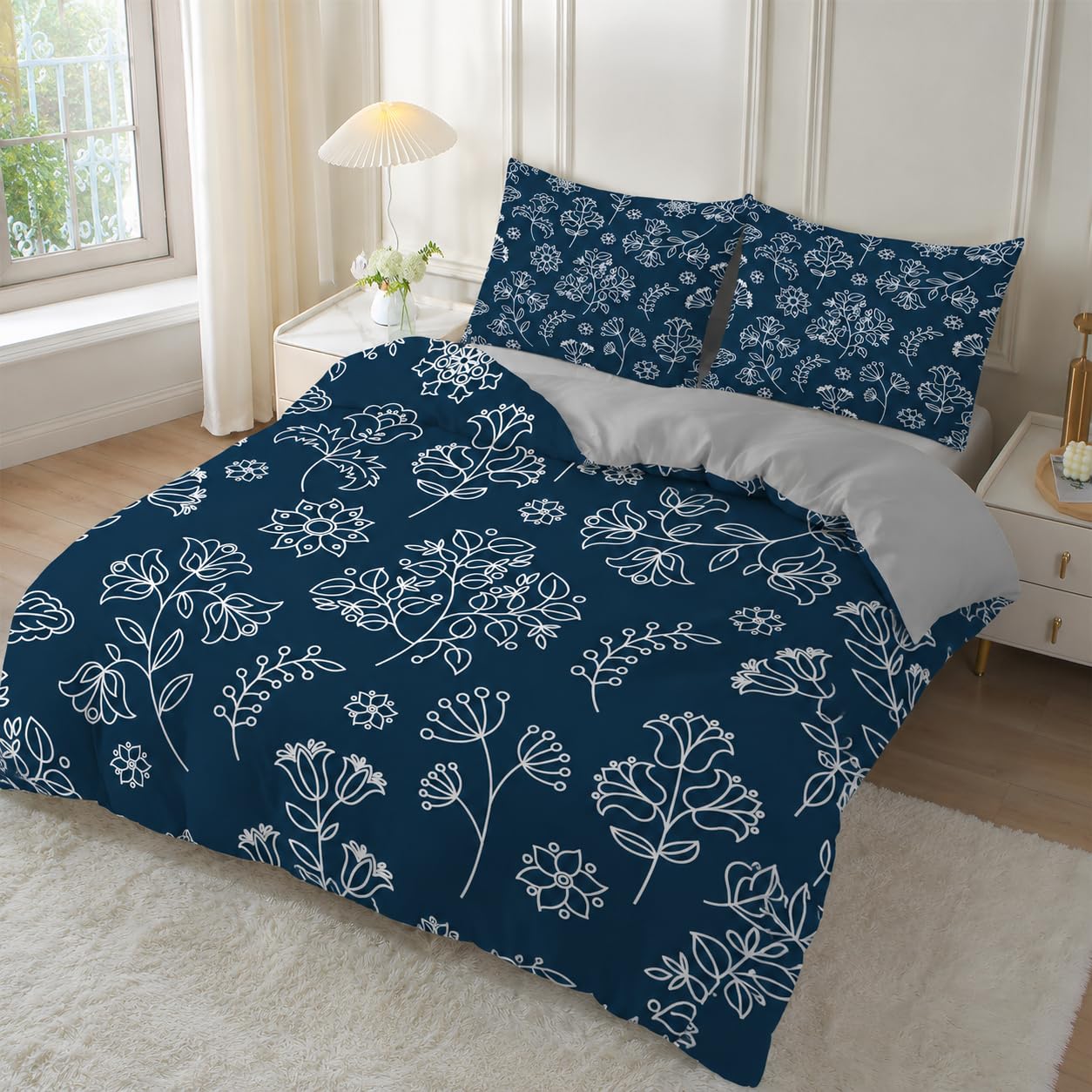 Bettwäsche 220x240 cm Blau Geblümt Bettwäsche-Sets Bettbezug 220 x 240 cm + 2 Kissenbezug 80x80 cm, Graue Pflanze Weich Mikrofaser Bettbezüge 3 Teilig mit Reißverschluss
