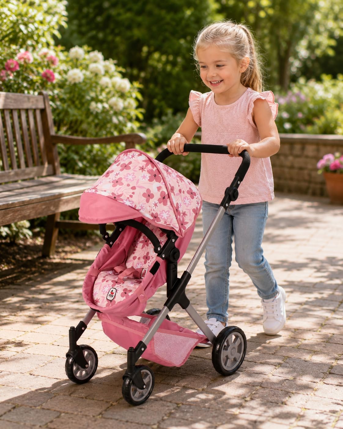 Bayer Chic 2000® 2 w 1 wózek dla lalek Mila – różowy kwiat – uchwyt z regulacją wysokości 39-72 cm – nowoczesny stelaż – lalki do 50 cm – 3-7 J.
