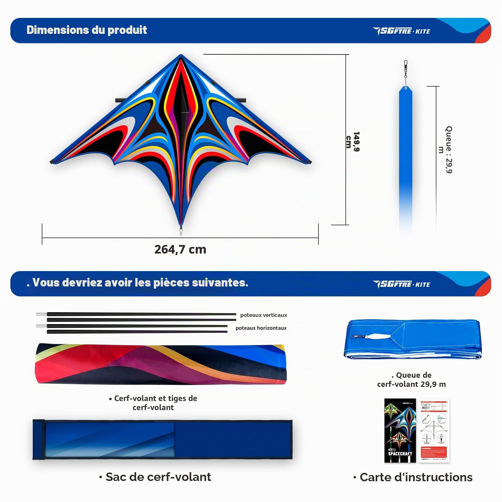 SGftre Grand cerf-volant Delta bleu pour enfants et adultes, extrêmement facile à voler pour les débutants, cerfs-volants pour la plage, le parc, les activités de plein air en famille