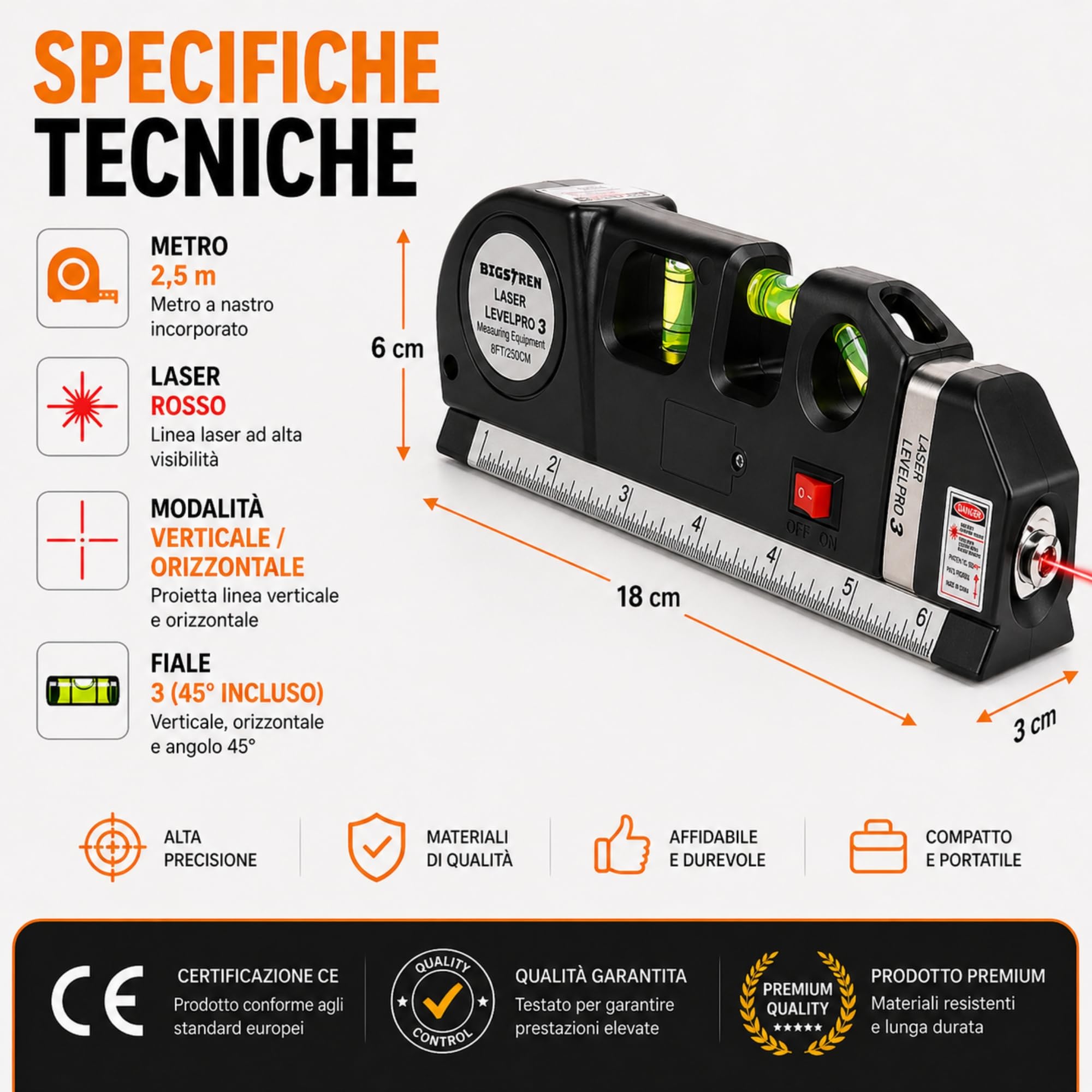 Livella Laser 4in1 con Metro 2,5m – Precisione Assoluta! Laser Rosso Orizzontale/Verticale + 3 Fiale - Perfetta per Montaggio Quadri, Piastrelle e Fai da Te, Strumento Professionale Preciso