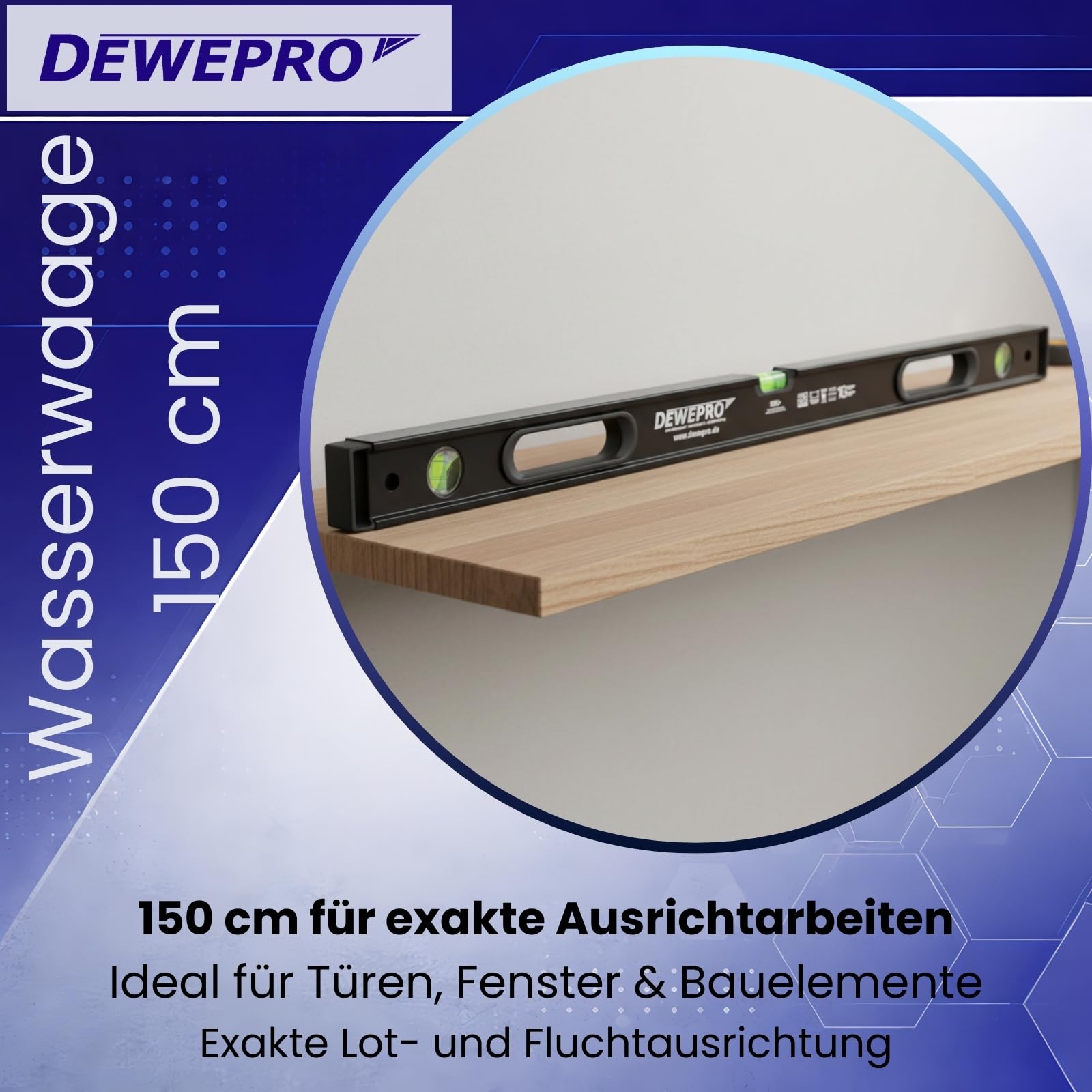 DEWEPRO® Niveau à bulle professionnel en aluminium avec 2 poignées et 3 fioles - Longueur : 150 cm - 1,5 m - Tolérance de mesure : 0,5 mm/m - Niveau à bulle en aluminium