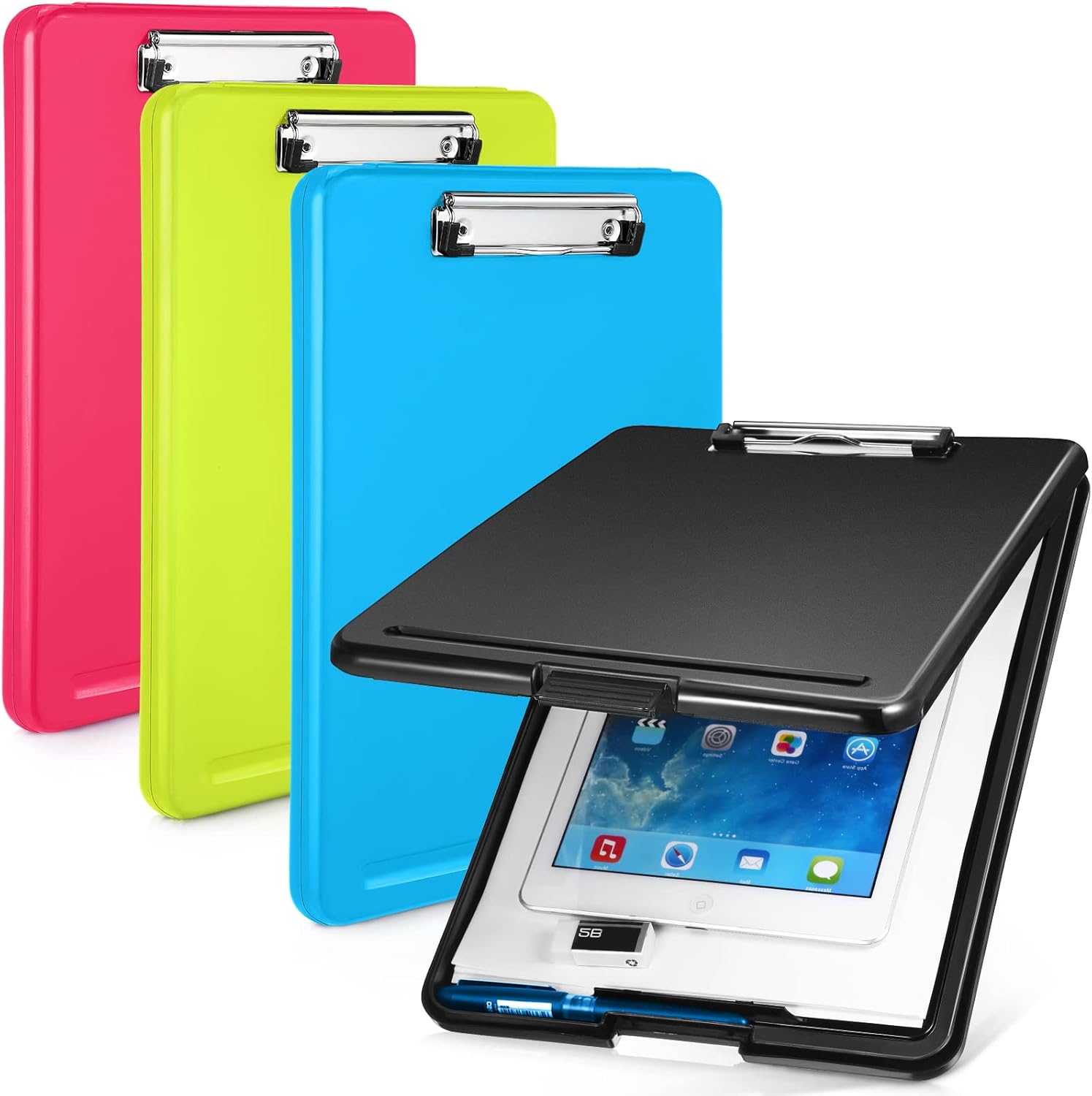 4 Pieces Clipboard with Storage Plastic Storage Clipboard Nursing Foldable Clip Board with Low Profile Clip for Student Teacher Nurse Employee, 9. 5 x 13. 5 Inch (Black, Blue, Green, Rose Red)