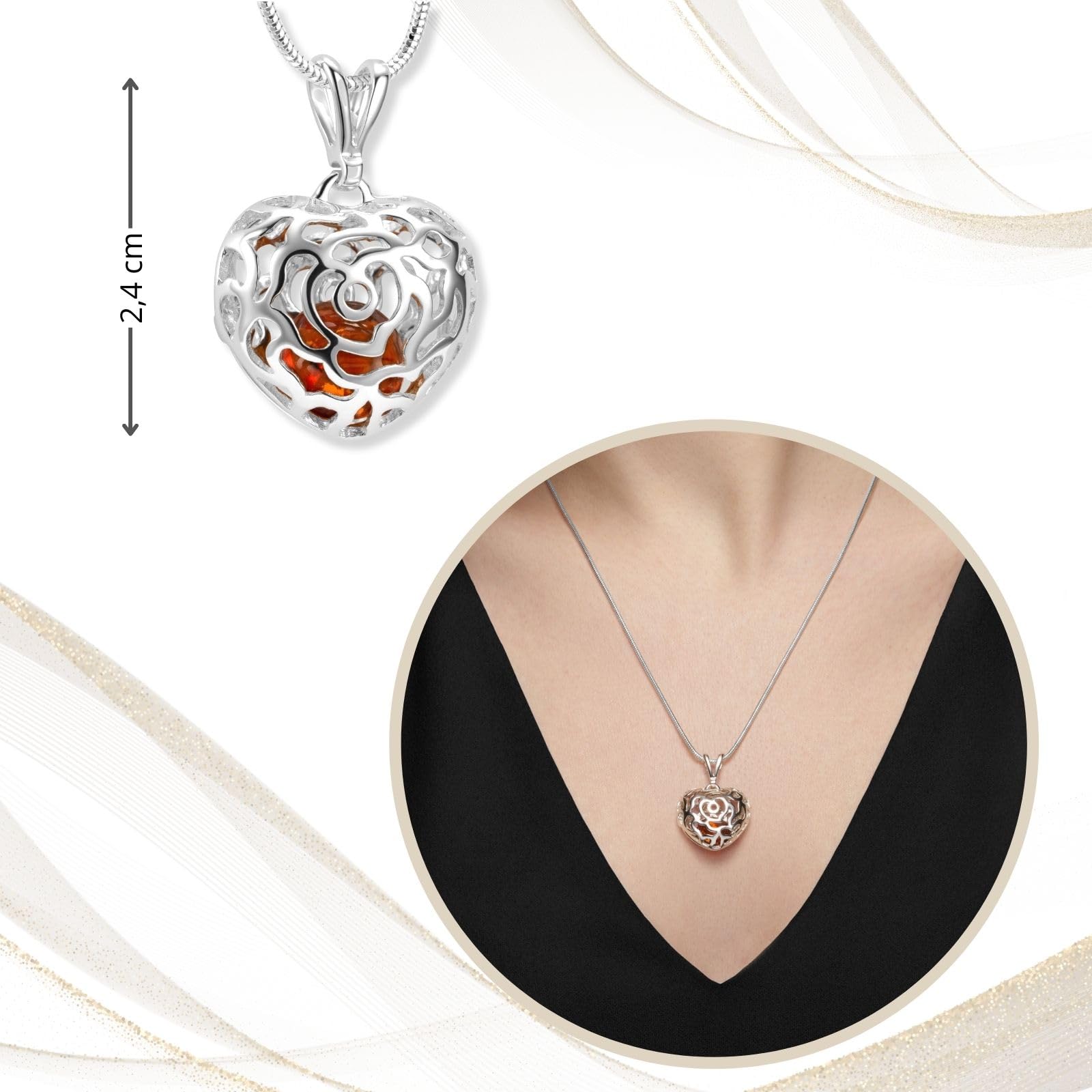 Collar Corazón Con Ámbar Auténtico Y Diseño Floral De Plata 925
