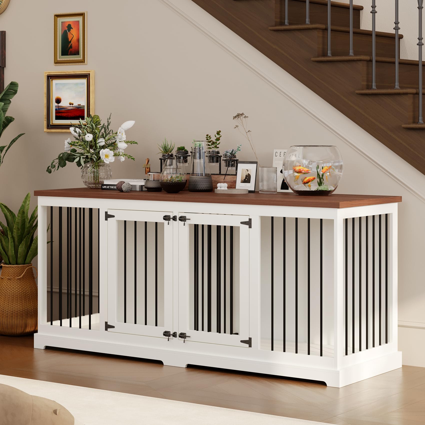 View of Wooden Dog Crate Furniture Large - Indoor Kennel With Sliding Barn ...