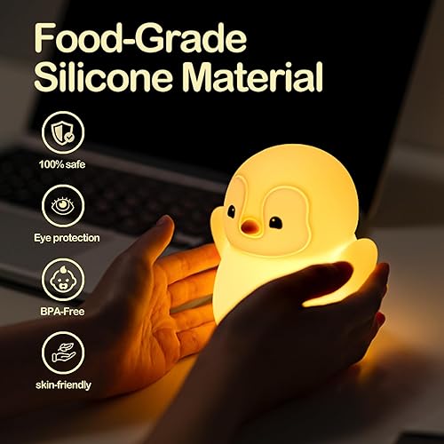 Miniatura 3 de ATSUI Luz nocturna de pingüino feliz, lámpara LED blanda de animales, silicona de grado alimenticio, 2 niveles regulables, luz nocturna de guardería
