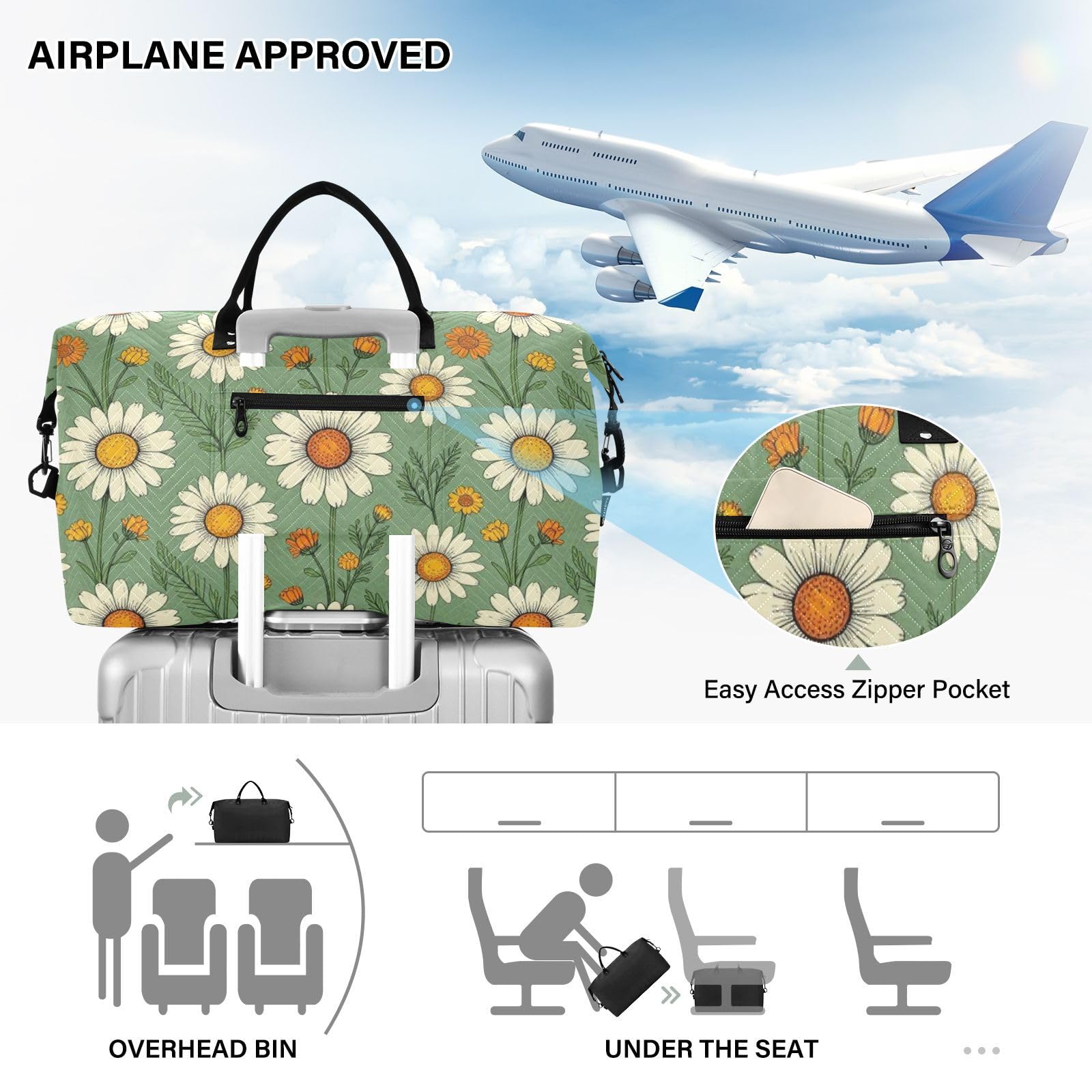 Zestaw toreb bagażowych podwójny zestaw toreb pełny nadruk siatkowa kieszeń solidna weekendowa wycieczka, Daisy Bloom, One Size, Klasyczny