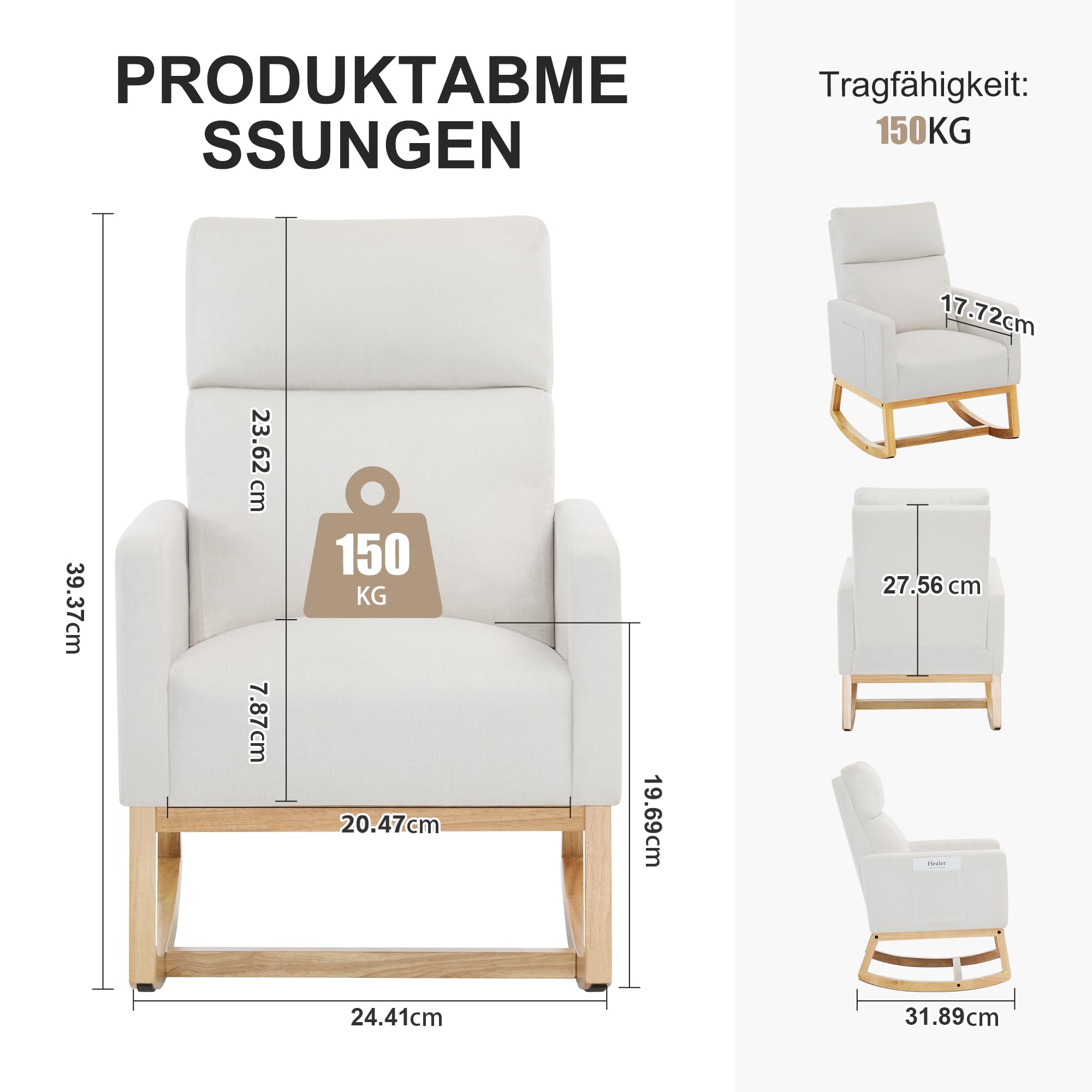 XH. Easy Go Schaukelstuhl fürs Kinderzimmer Schaukelsessel Stillsessel mit Hoher Rückenlehne, Stillstuhl Leinen Schaukelstühle Rocking Chair für Wohnzimmer und Schlafzimmer,Bis 150 kg, Elfenbein