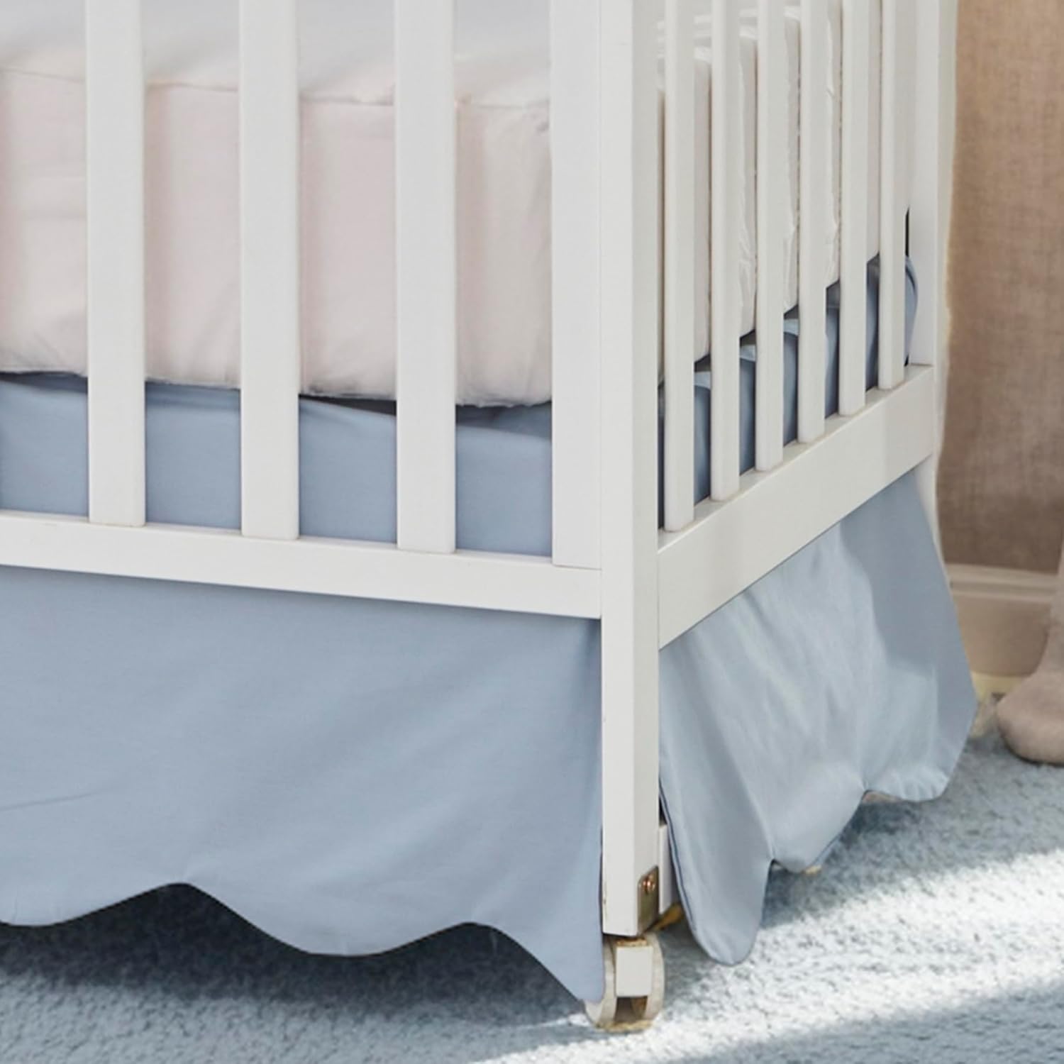 Brandream 2 Packs Crib Bed Skirt Cotton Scallop Edge Boho Bohemian Solid Mist Blue Attached Crib Skirt Sheet Girls Boys Ruffled Bed Skirt (One Side) 2-in-1 Design