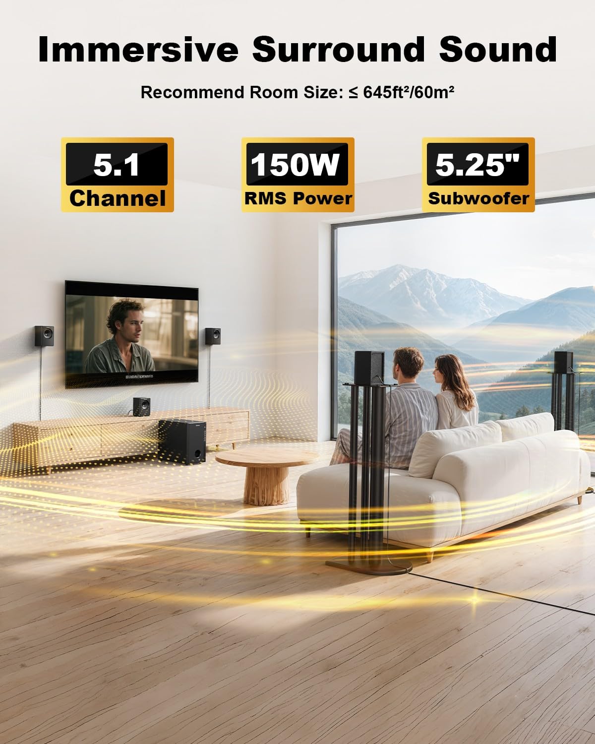 Bobtot Sistemas de cine en casa con subwoofer de 5.25 pulgadas, altavoces de sonido envolvente satélite con cable 5.1, potencia máxima de 600 vatios, sistema estéreo de audio de graves profundos con