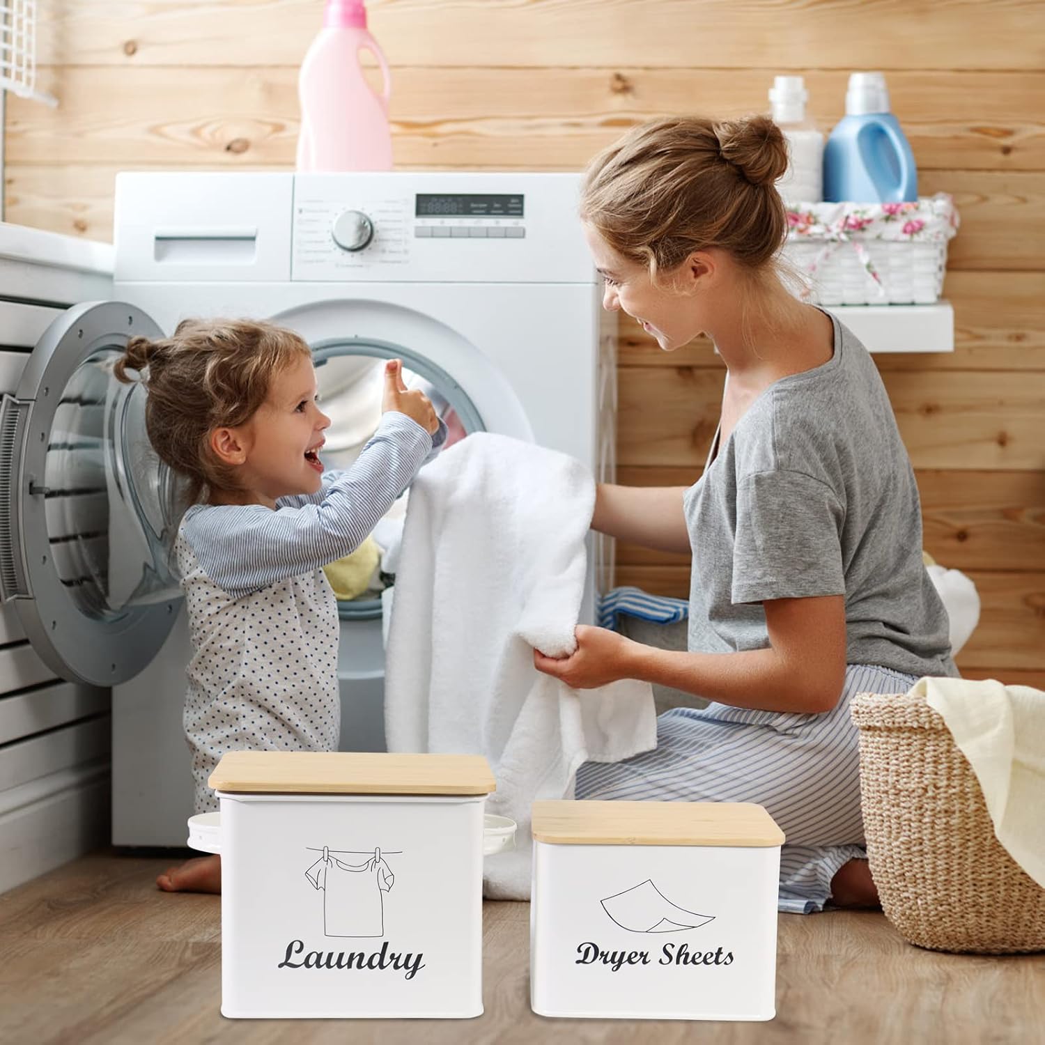 Set of Laundry Powder Bin & Dryer Sheets Holder, Laundry Detergent Powder Storage Box with Scoop, Wooden Lid & Handles, Metal Laundry Dryer Sheet Dispenser for Laundry Room Decor- Cream White