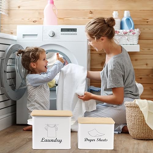 Miniatura 6 de Juego de contenedor de polvo para ropa sucia y soporte para hojas de secadora, caja de almacenamiento de detergente en polvo con cuchara, tapa y