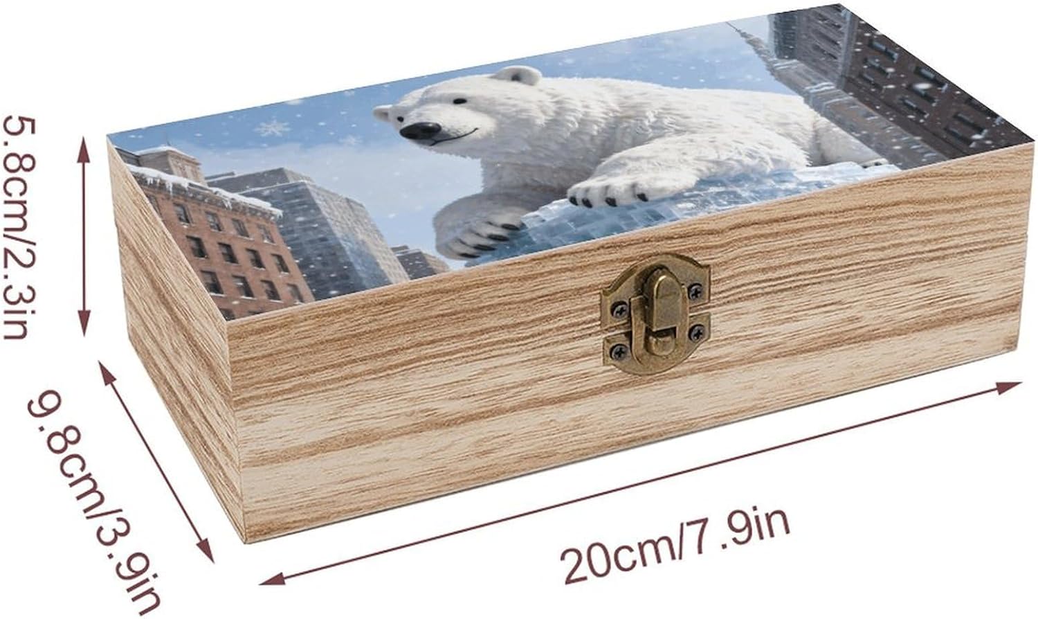 Vintage Wooden Storage Box with Hinged Lid, Snow Polar Bear Building image 2