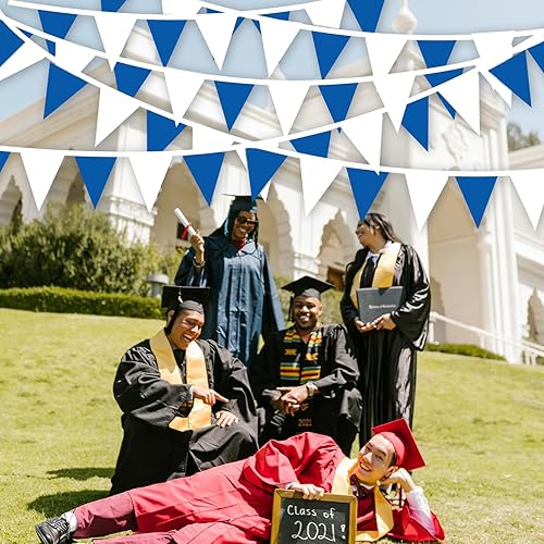 Miniatura 5 de Banderines azules y blancos de 100 pies, banderines de tela triangular, decoraciones de fiesta para bodas, cumpleaños de niños, decoración de