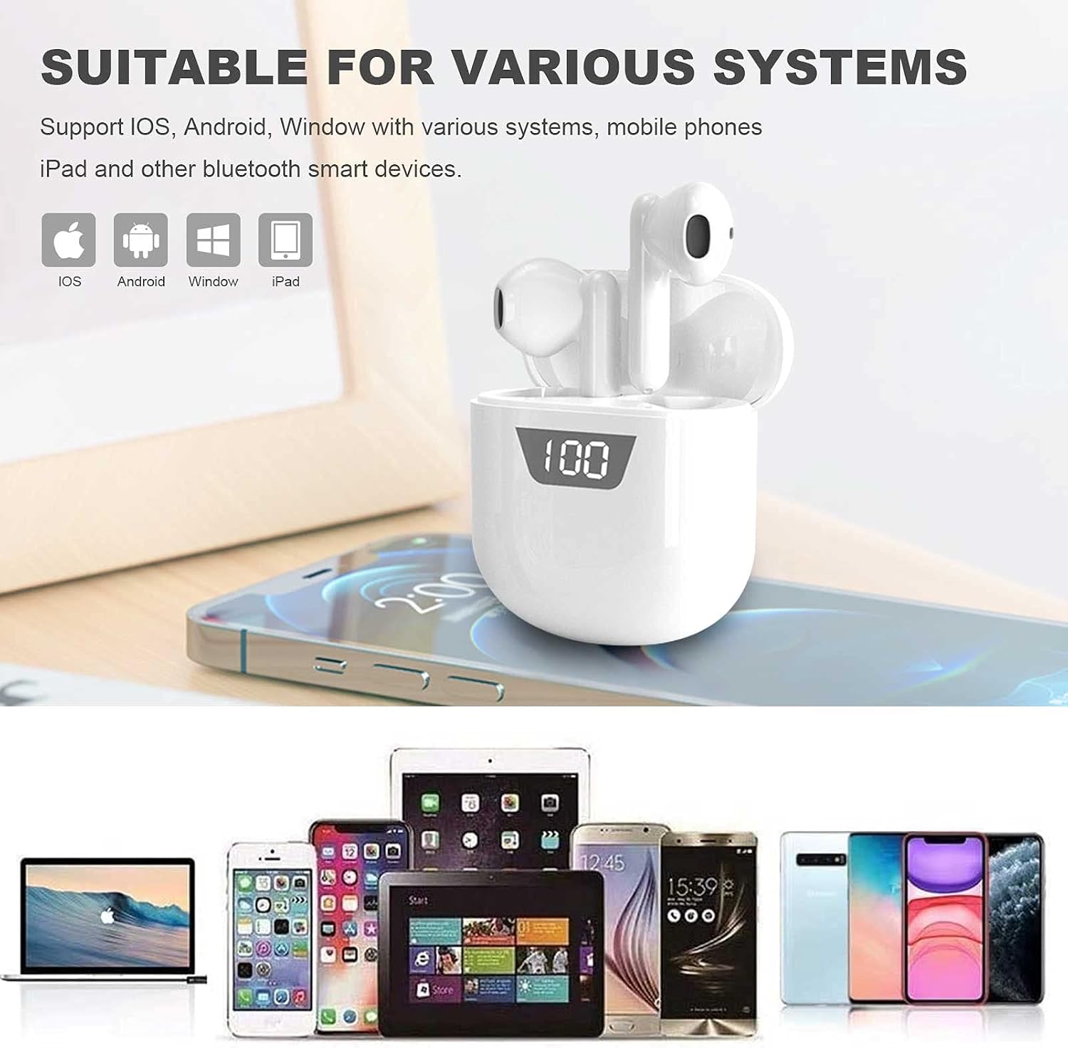 Wireless Earbuds, Bluetooth 5.0 Headphones with Charging Case, 3D Stereo Earpods Air Buds in-Ear Ear Buds with Deep Bass Touch Control Earphones, Open Lid Auto Pairing for Android/Samsung/Apple iPhone