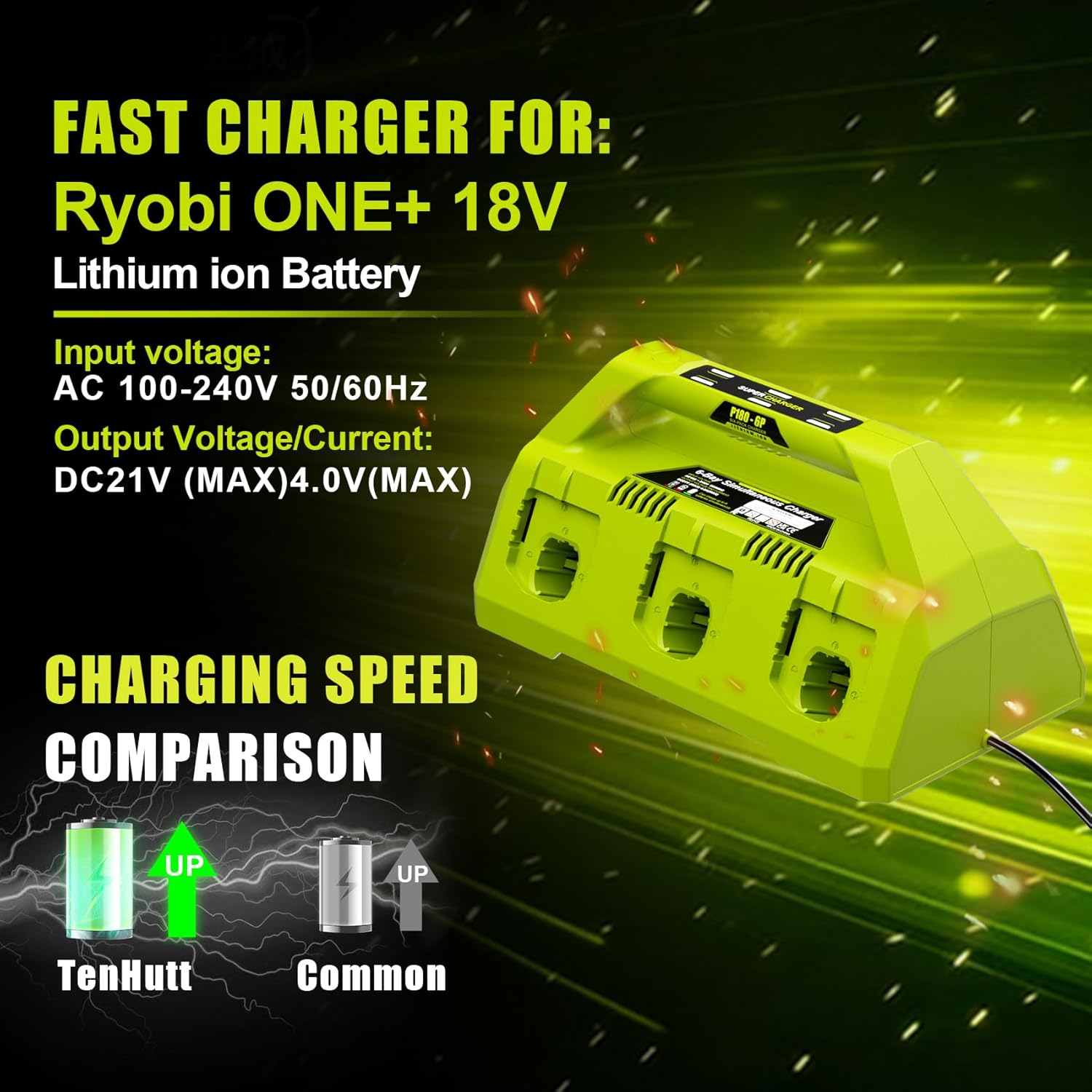 【Simultaneously Charging】 P135/PCG006 Rapid 6-Port Replacement for Ryobi 18V Battery Charger PCG002 PCG004 PCG005 PCG008, Compatible with Ryobi ONE+ 18 Volt Lithium-Ion Batteries(No Battery Included)