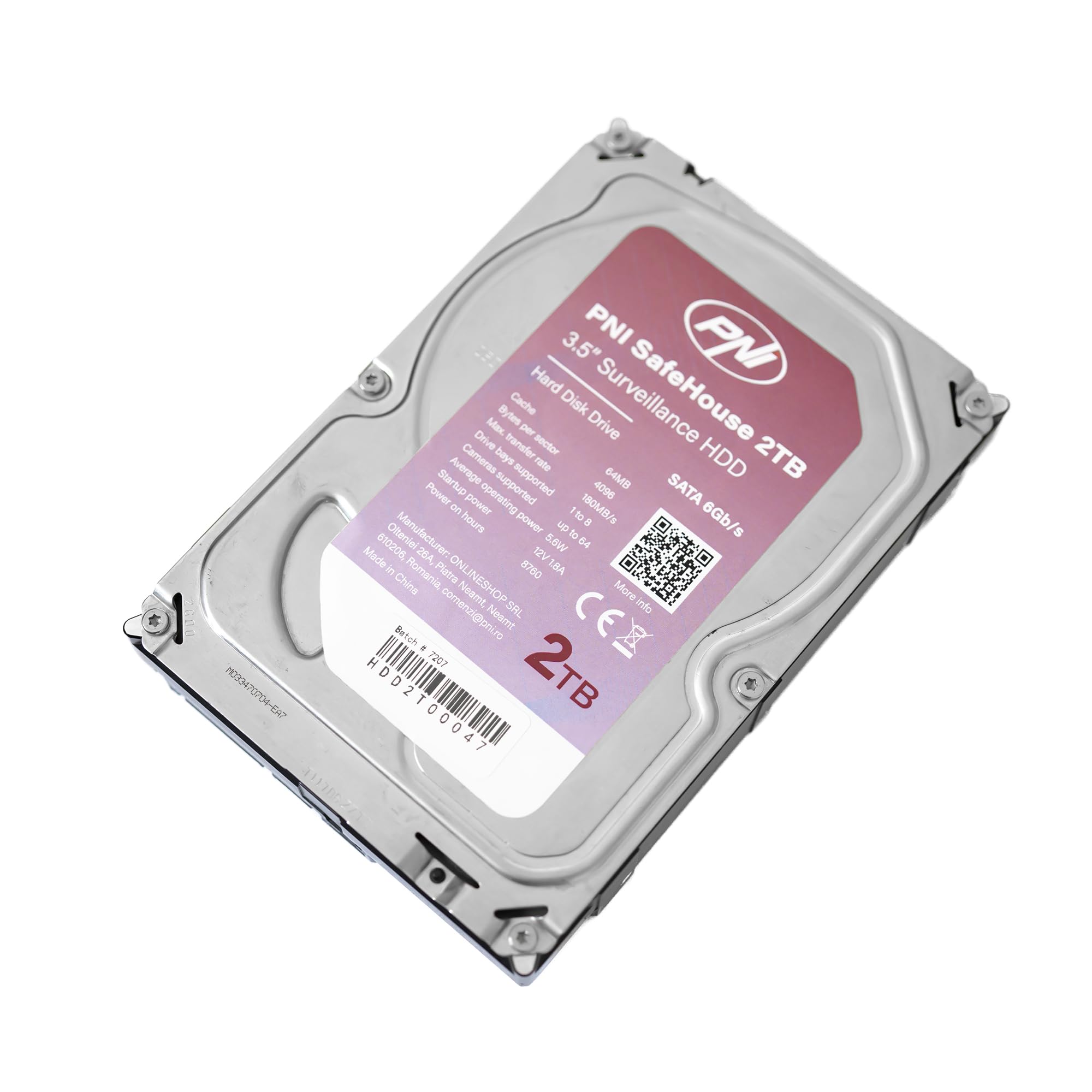 Disco Duro Interno PNI SafeHouse de 2 TB, 3,5", HDD, CCTV, 64 MB, SATA III, 7200 RPM para Sistemas de videovigilancia.