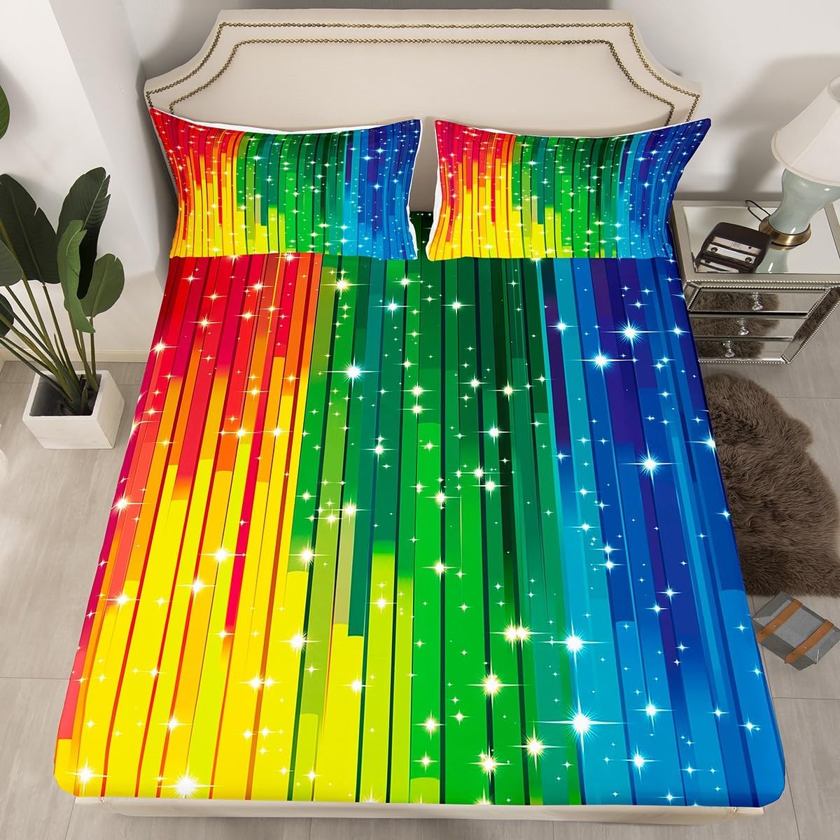 Erosebridal Art Home Decor Bedding Set Full Size, Rainbow Gradual Change Pattern Fitted Sheet, Colorful Glitter Bed Cover, Iridescent Fitted Sheet Trippy Fitted Sheet