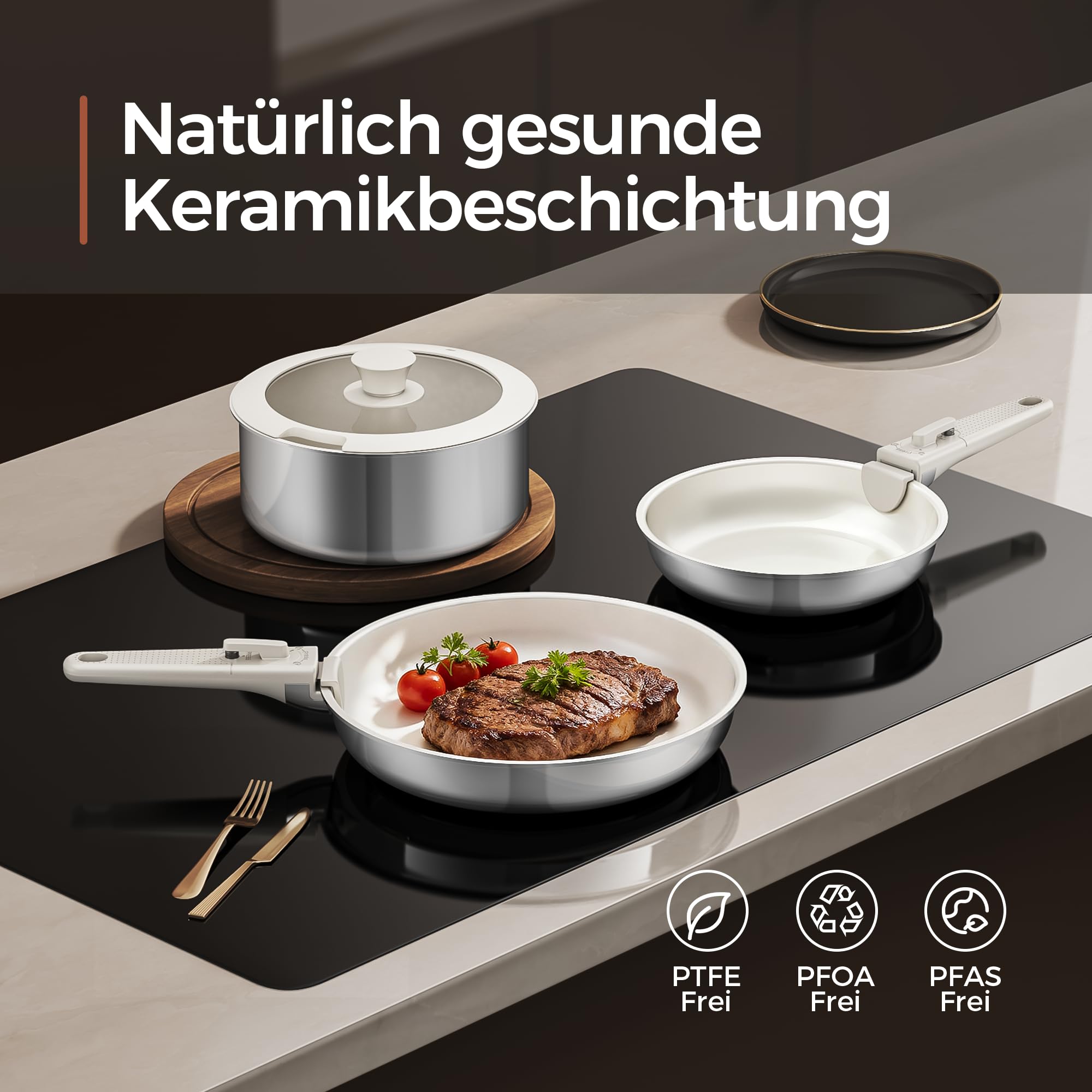 5-Teiliges Antihaft Keramik Pfannenset mit Abnehmbarem Griff, 3-Schichtiger Edelstahl Topf Set-PTFE/PFAS/PFOA frei, Töpfe Induktion, Platzsparendes Kochgeschirr, Backofen & Spülmaschinenfest