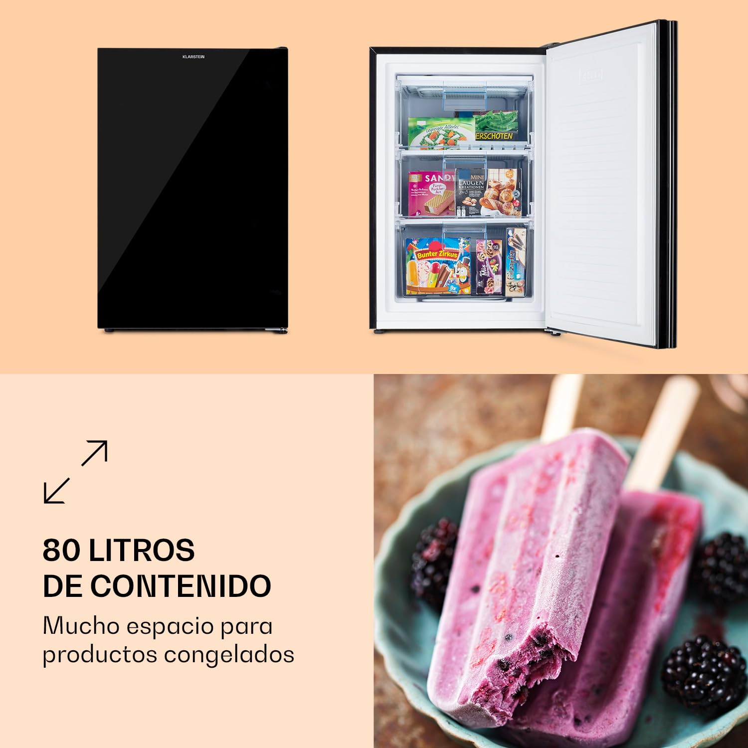 Klarstein Pluto - congelador, puerta frontal, 1 balda, termostato con 5 niveles, hasta -18 °C, patas regulables en altura, 39 dB, 80 litros de capacidad, negro