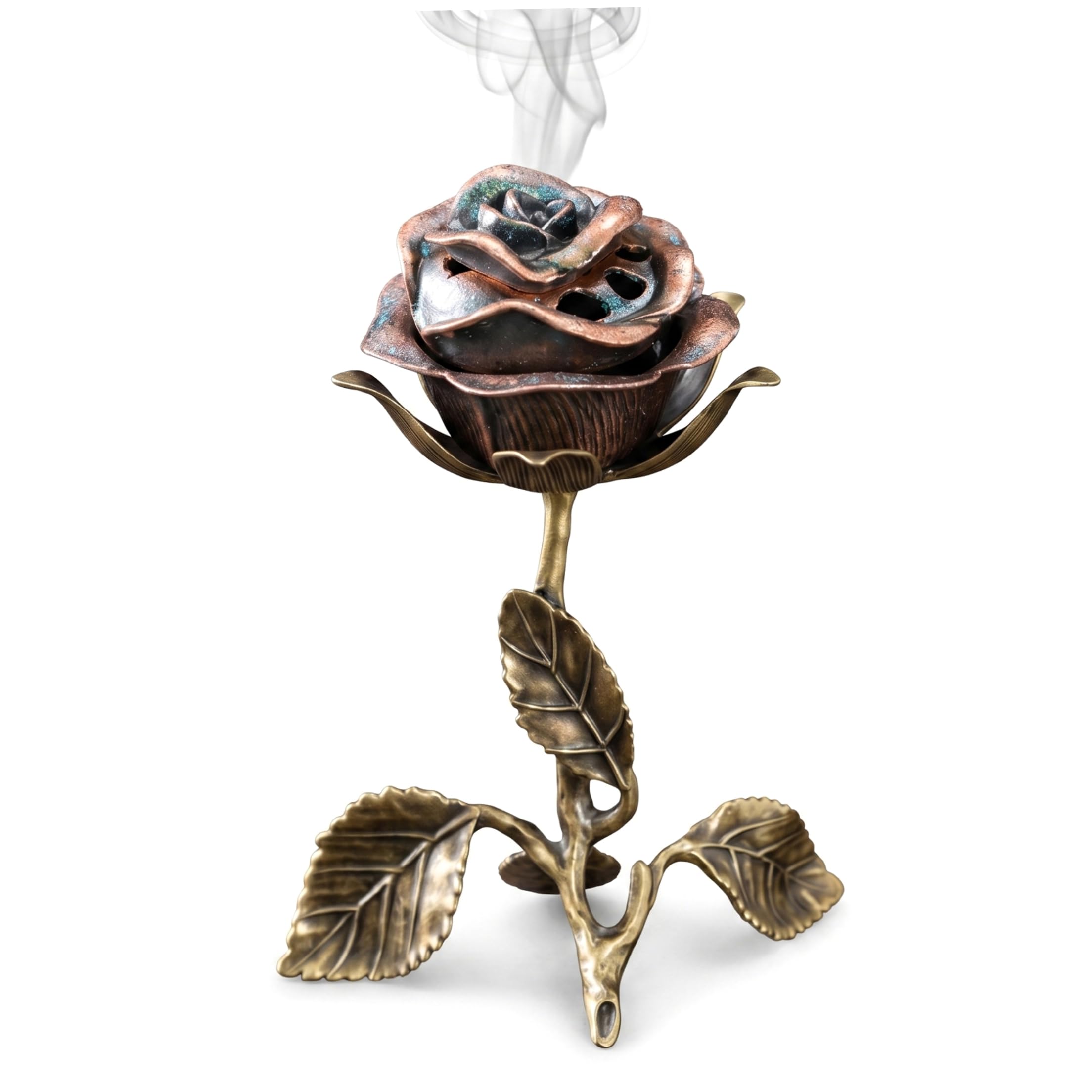 Tsawntd Cone Incense Burner, Rose-Shaped Incense Holder Zinc Alloy Aromatherapy Decor for Living Room/Bedroom/Meditation Room, Brown