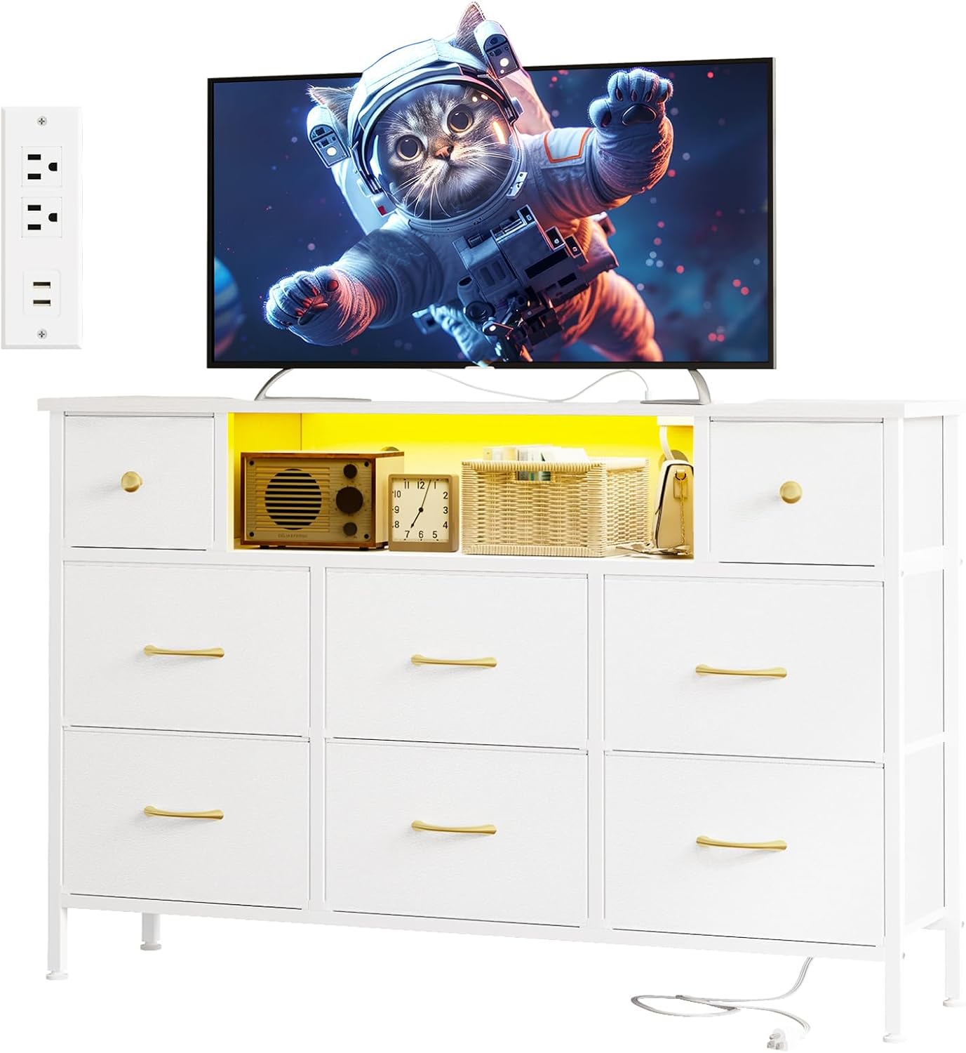 Fixwal Dresser for Bedroom with Power Outlets and LED Lights, White 55" TV Stand with 8 Drawers, Fabric Chest of Drawers with PU Finish for Living Room, Entryway