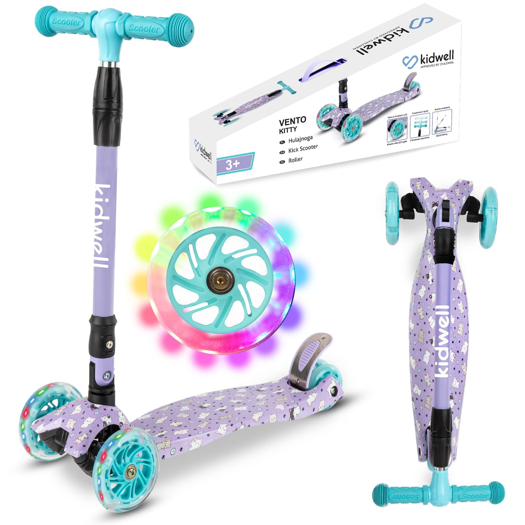 COIL Trottinette pour enfant, trottinette à trois roues, trottinette d'équilibre, trottinette de ville, roulement ABEC-7, réglage du volant à 3 niveaux, roues LED
