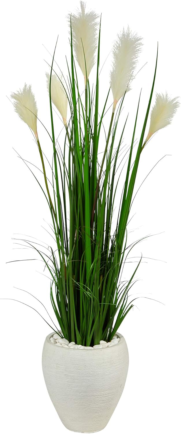 Nearly Natural 4.5ft. Wheat Plume Grass Artificial Plant in White Planter
