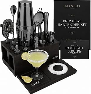 Mixology Bartender Kit - 15Pcs Bar Set Cocktail Shaker Set w Black Bar Cart Accessories Stand - Shakers Bartending Gun Metal Black Tools, 24oz Shaker, 17 Recipe Cards, Martini Barware