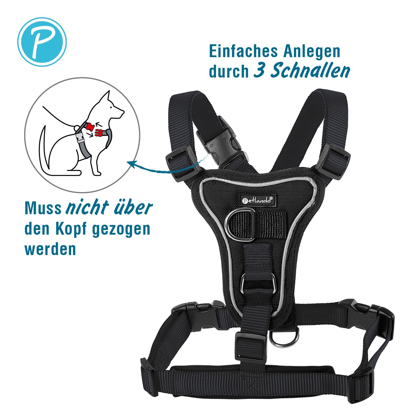 Petlando Hundegeschirr Anti Zug, Basic Comfort Plus, Schwarz, S | Vertikaler Brust-D-Ring, Ohne Über-Kopf-Ziehen, Stufenlos verstellbar, Gepolstert, Geschirr für kleine Hunde