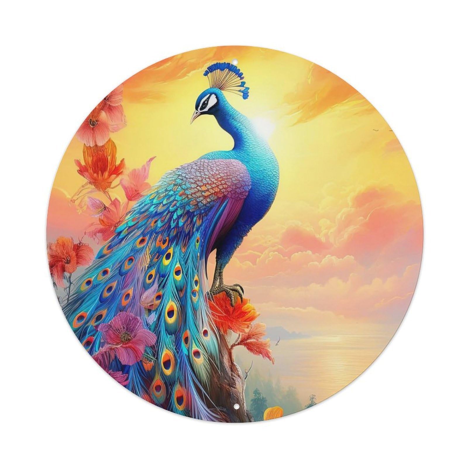 Visual Art Animal Peacock King Vintage Metal Tin Sign Plaque Wall Decor for Cafe, Club, Garden Round Metal Poster 8x8Inch